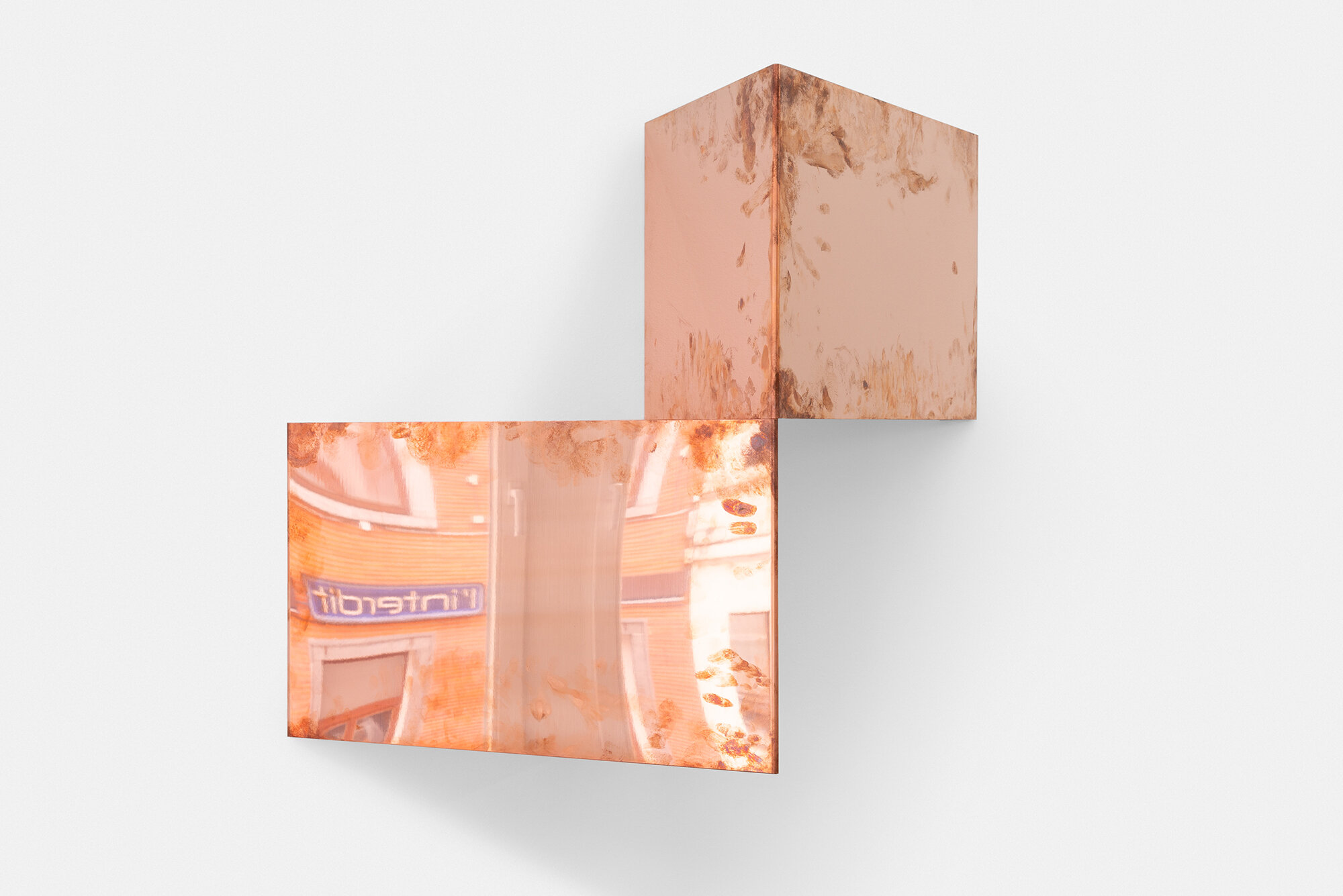   Copper Surrogates (48” x 120” 48 ounce C11000 Copper Alloy, 45º/45º/90º, 8 Sections: February 23–27/April 9, 2018, Los Angeles, California; September 2–4, 2019, Brussels, Belgium) ,   detail   2018–   Polished copper  18 1/2 x 14 1/16 x 18 1/2 inch