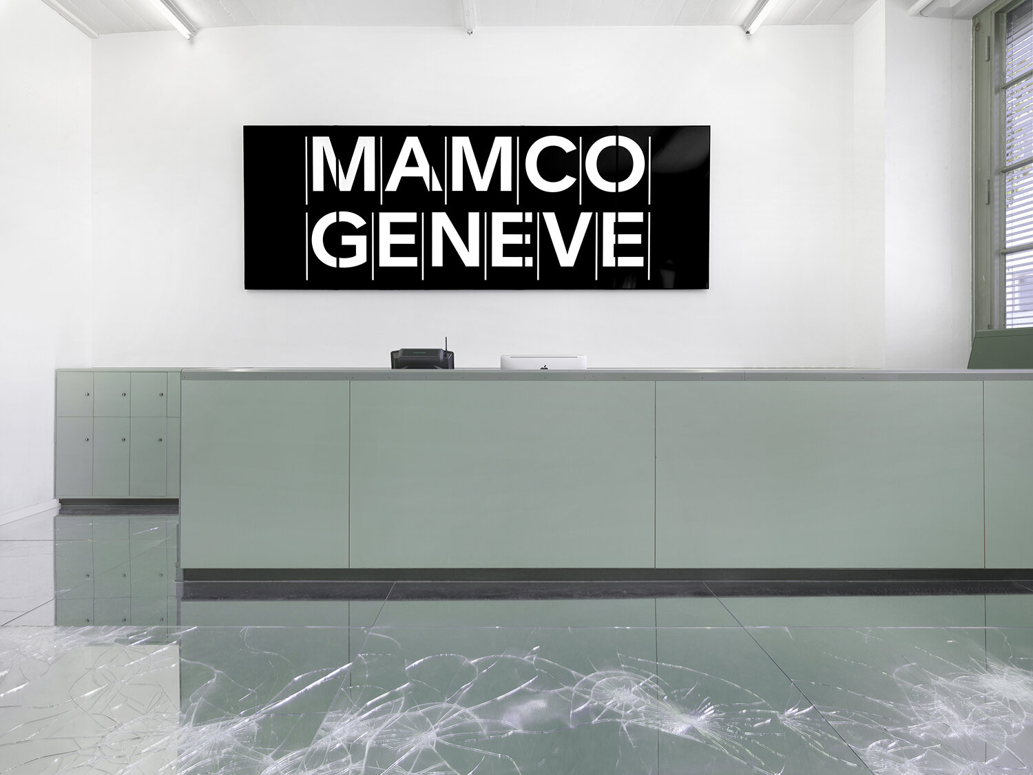   Untitled (Musée d'Art moderne et contemporain, Geneva, Switzerland, 29 mai–8 septembre, 2019)    2019   Laminated mirror and glass, neoprene  Dimensions variable   Musée d'art moderne et contemporain, 2019    