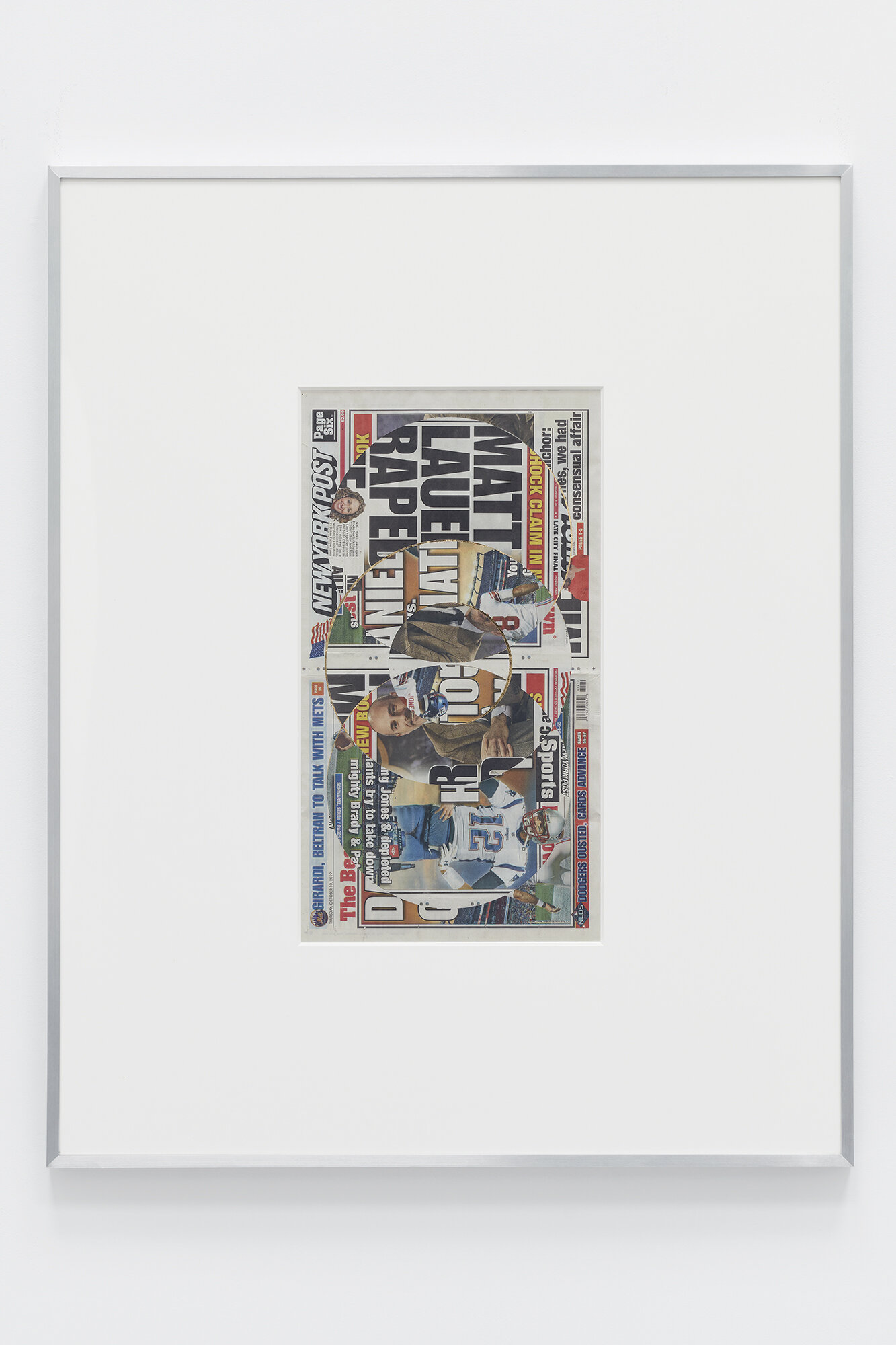   Blind Collage (Two 180º Rotations, New York Post, Thursday, October 10, 2019)    2019   Newspaper, tape, and 22 karat gold leaf  39 1/8 x 31 1/4 inches  Exhibition:  Abstract of a Partial Disassembling of an Invention without a Future … , 2019    