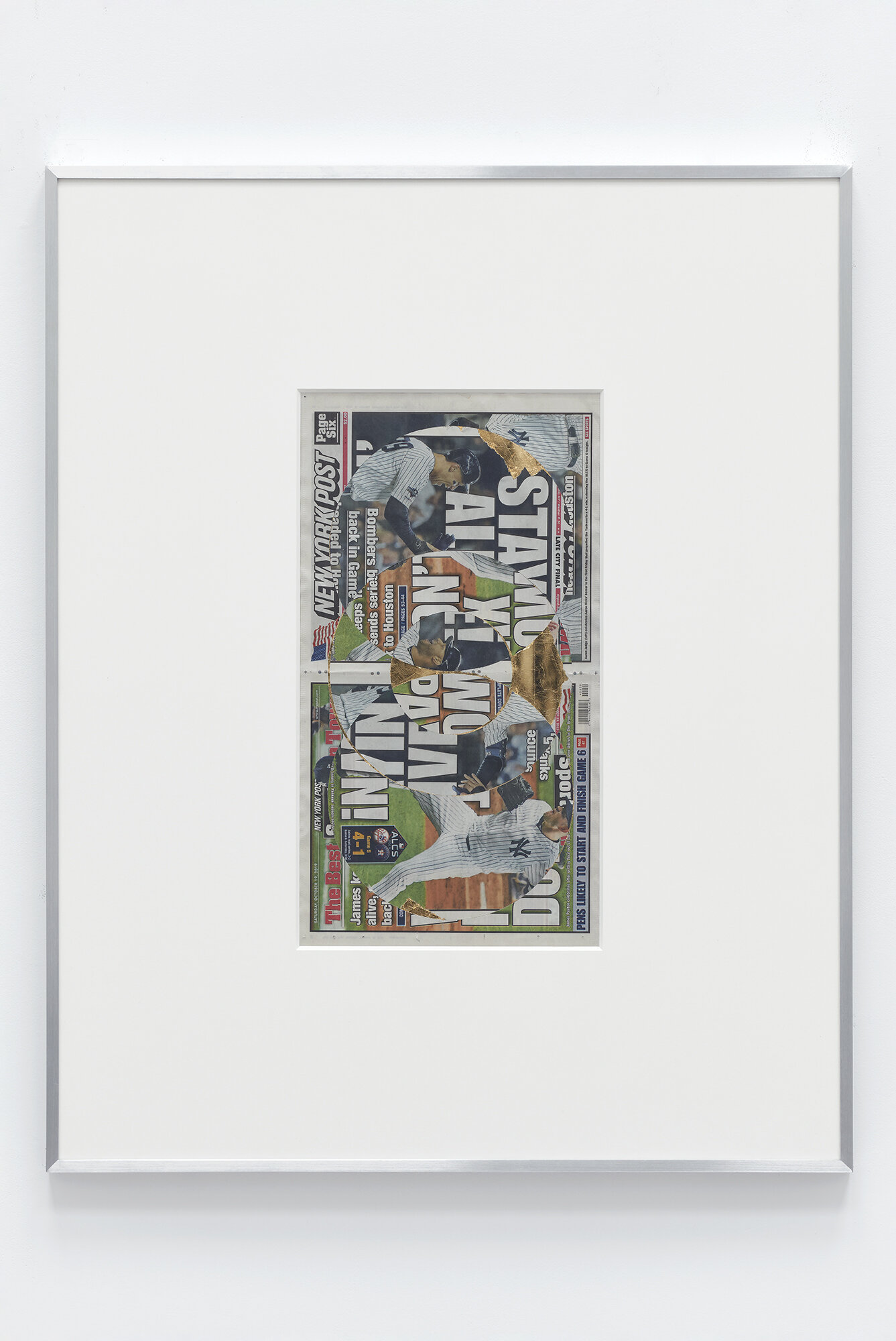   Blind Collage (Two 180º Rotations, New York Post, Saturday, October 19, 2019)    2019   Newspaper, tape, and 22 karat gold leaf  39 1/8 x 31 1/4 inches  Exhibition:  Abstract of a Partial Disassembling of an Invention without a Future … , 2019    