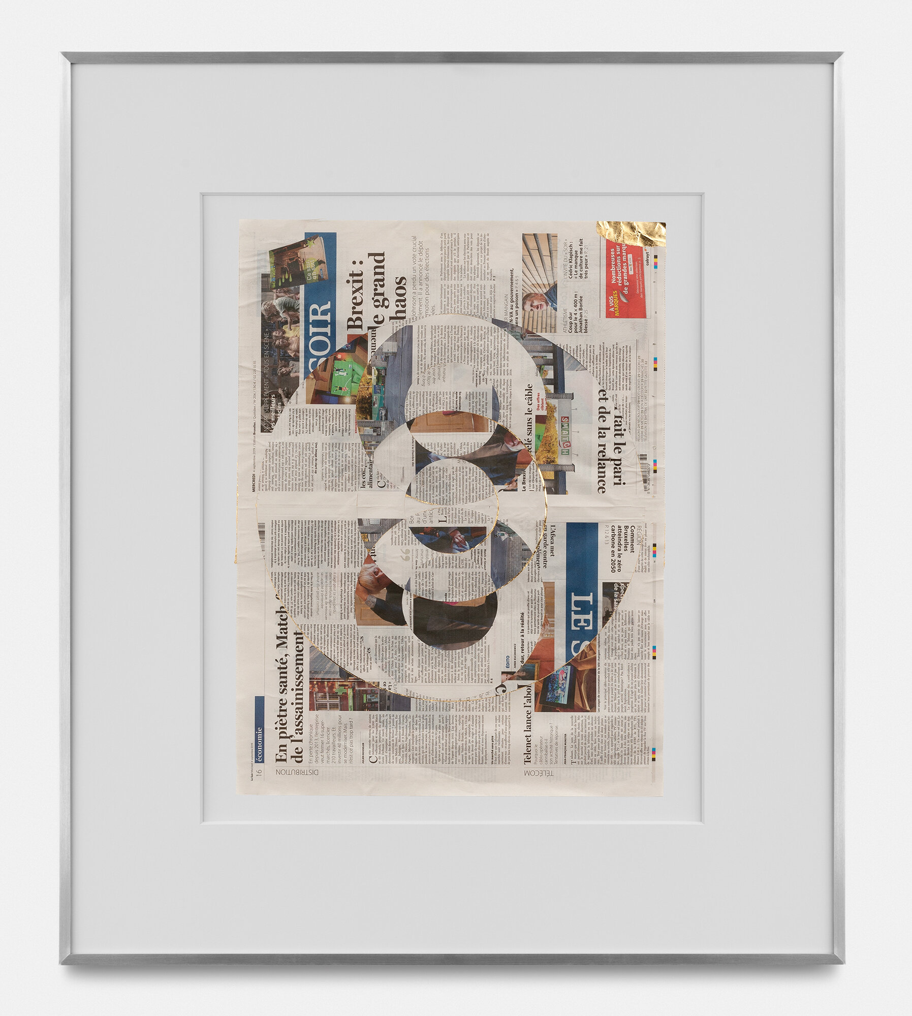   Blind Collage (Three 180° Rotations, Le Soir, Wednesday, September 4, 2019)    2019   Newspaper, tape, and 22 karat gold leaf  39 1/8 x 31 1/4 inches  Exhibition:  Three Pictures, 2019    