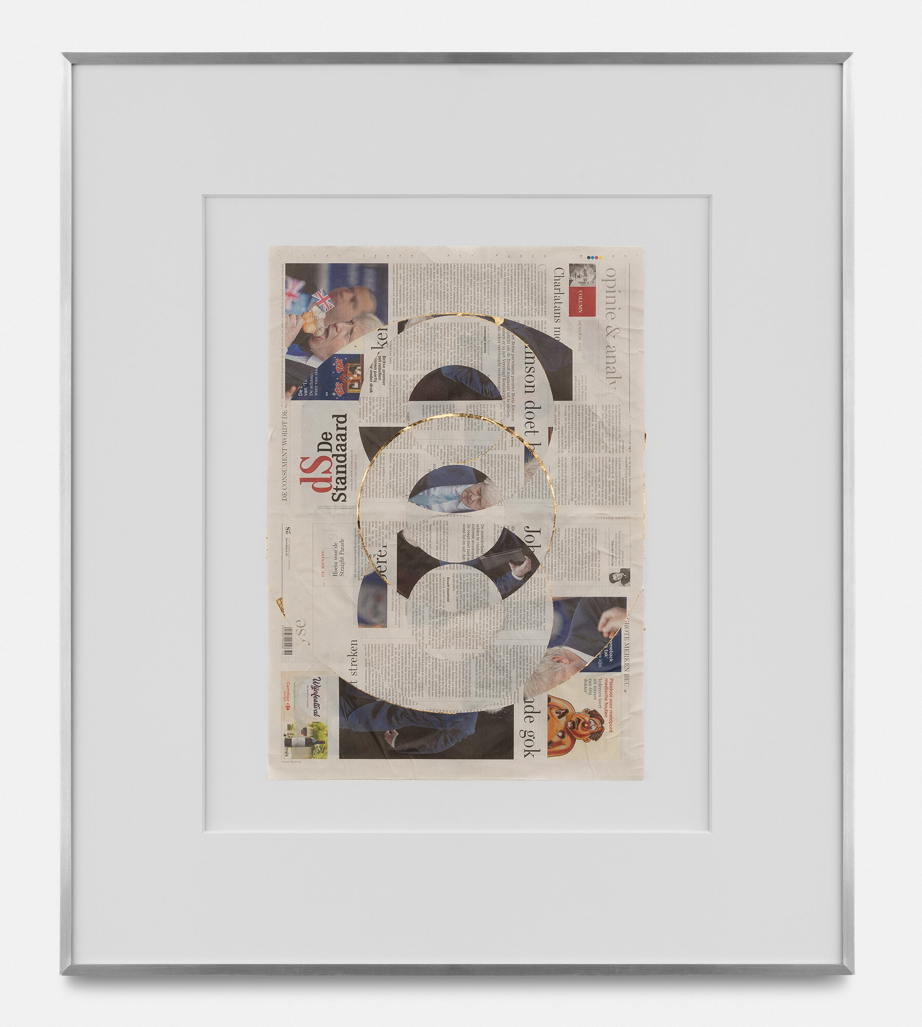   Blind Collage (Three 180° Rotations, de Standaard, Tuesday, September 3, 2019)    2019   Newspaper, tape, and 22 karat gold leaf  39 1/8 x 31 1/4 inches  Exhibition:  Three Pictures, 2019    