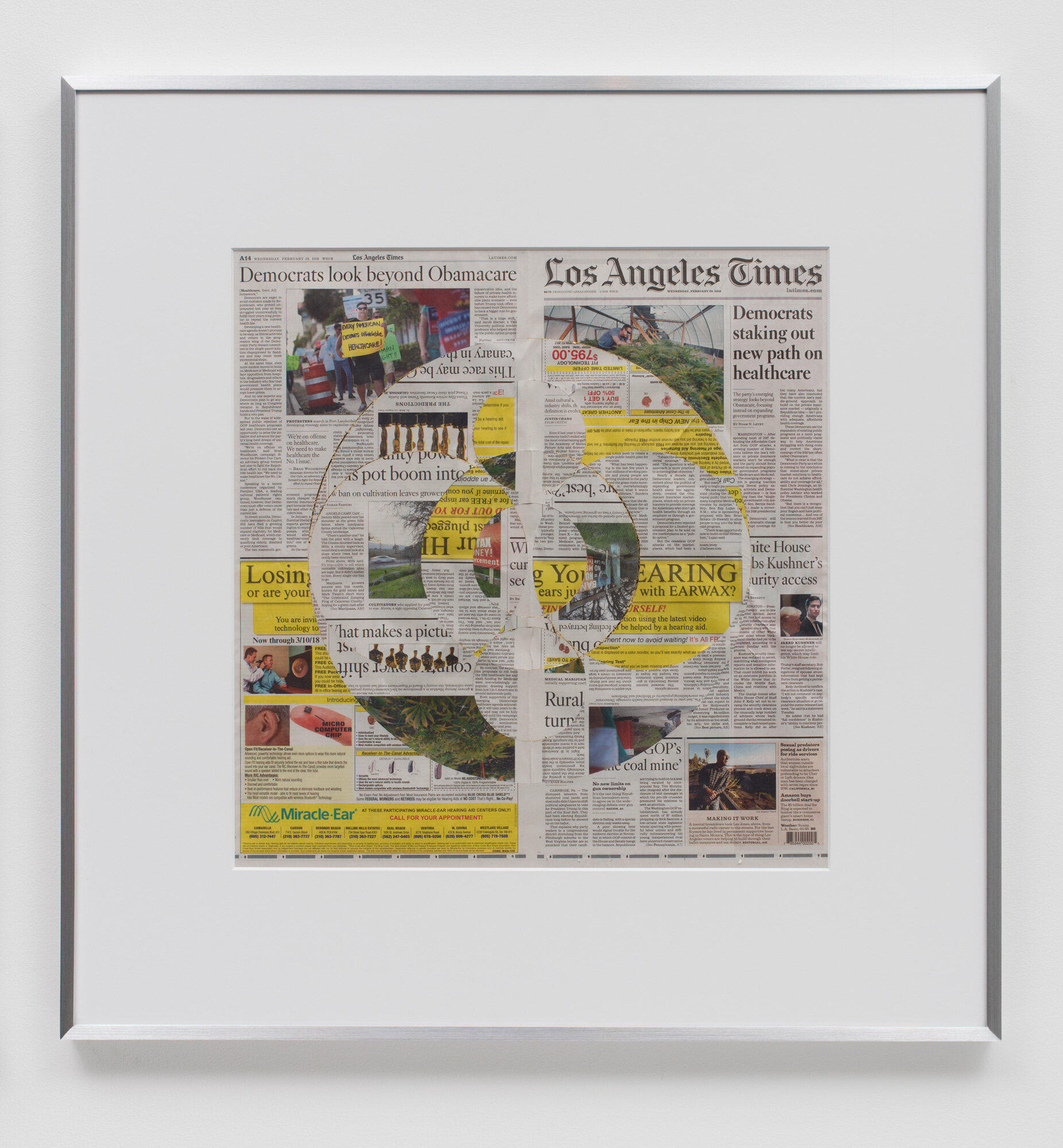   Blind Collage (Three 180° Rotations, Los Angeles Times, Wednesday, February 28, 2018)    2018   Newspaper, tape, and 22 karat gold leaf  34 1/2 x 33 3/4 inches  Exhibition:  Equivalents, 2018    