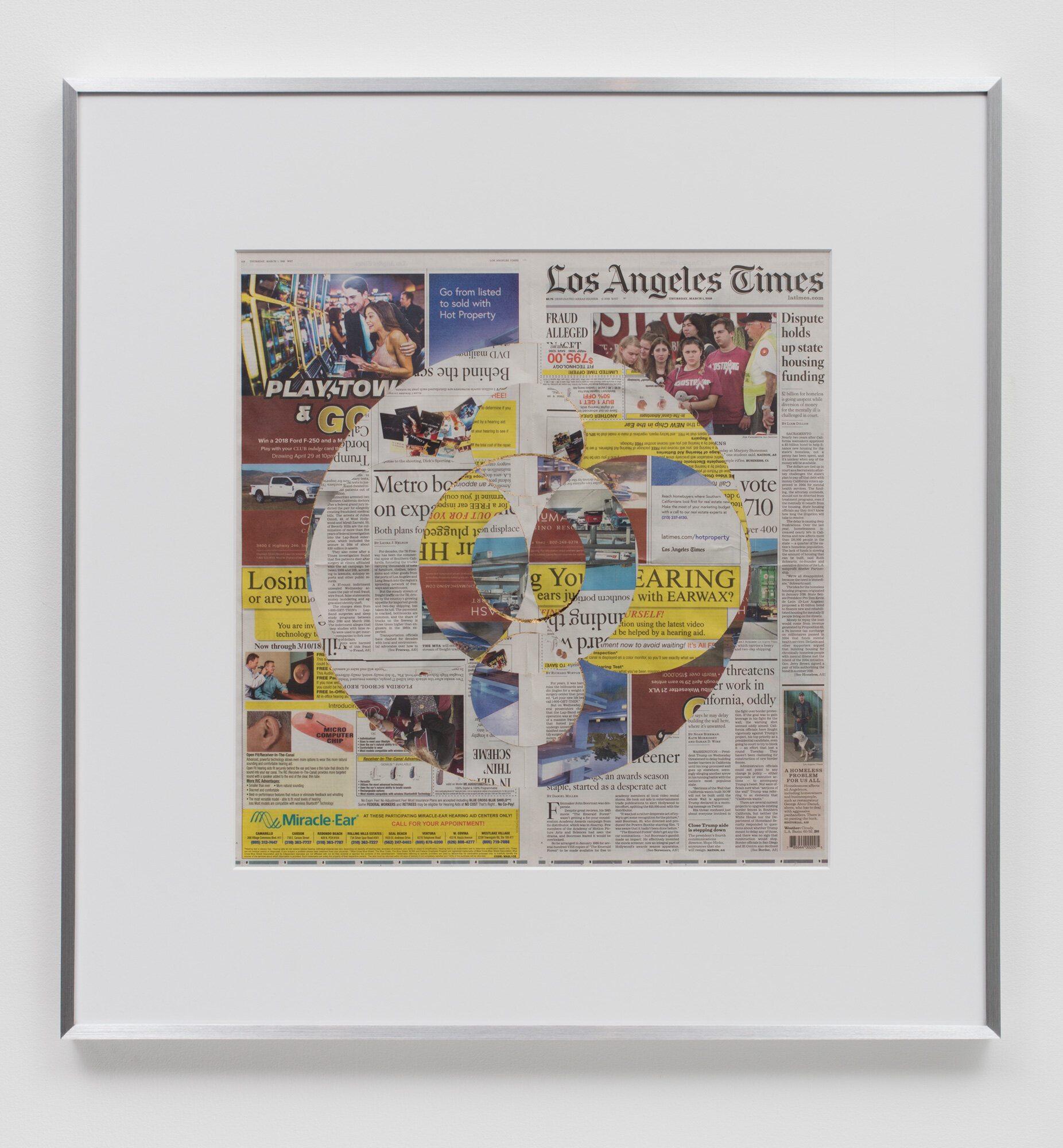   Blind Collage (Three 180° Rotations, Los Angeles Times, Thursday, March 1, 2018)    2018   Newspaper, tape, and 22 karat gold leaf  34 1/2 x 33 3/4 inches  Exhibition:  Equivalents, 2018    