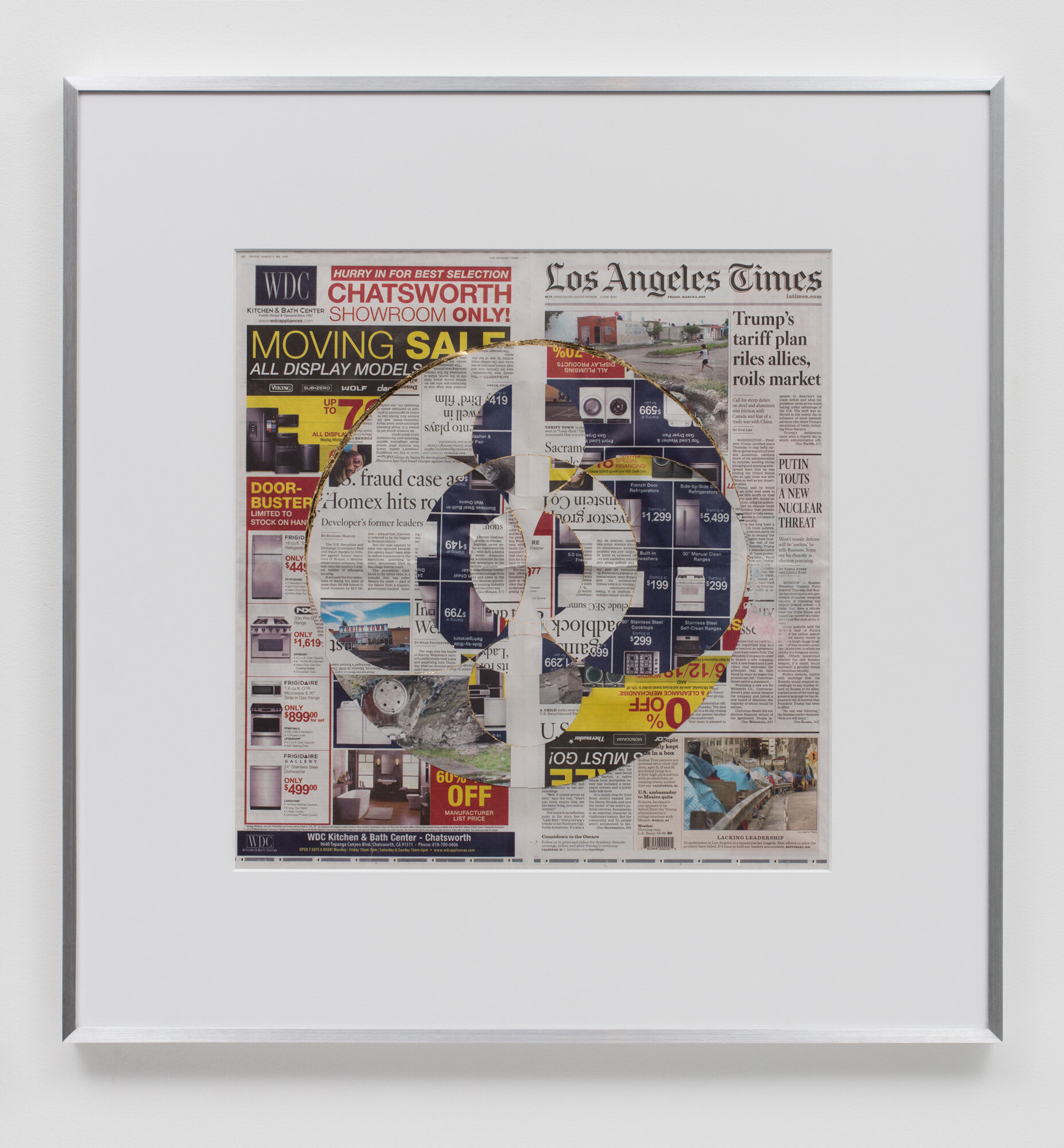   Blind Collage (Three 180° Rotations, Los Angeles Times, Friday, March 2, 2018)    2018   Newspaper, tape, and 22 karat gold leaf  34 1/2 x 33 3/4 inches  Exhibition:  Equivalents, 2018    