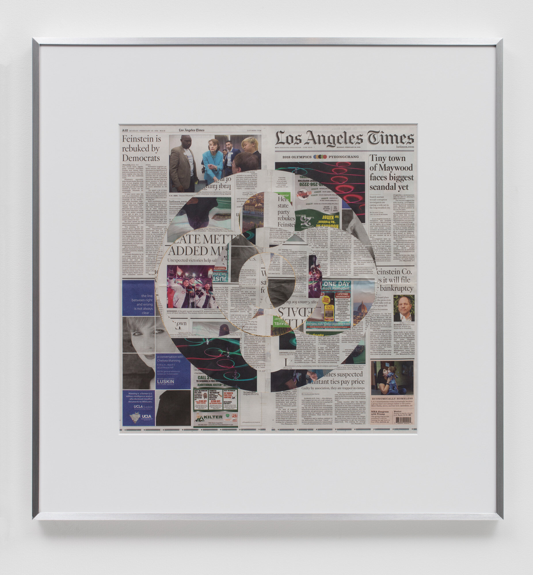   Blind Collage (Three 180° Rotations, Los Angeles Times, Monday, February 26, 2018)    2018   Newspaper, tape, and 22 karat gold leaf  34 1/2 x 33 3/4 inches  Exhibition:  Equivalents, 2018    