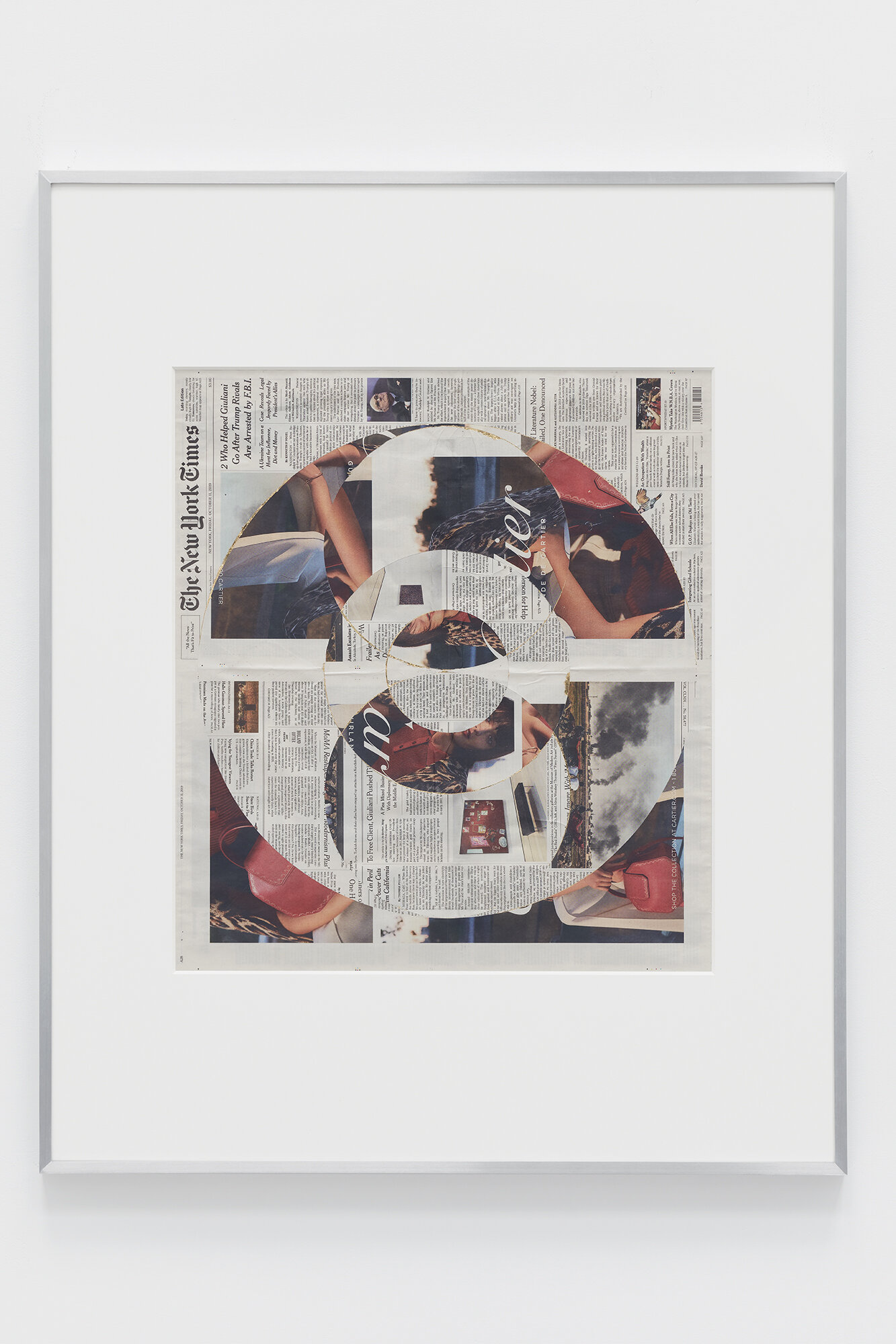   Blind Collage (Three 180º Rotations, The New York Times, Friday, October 11, 2019)    2019   Newspaper, tape, and 22 karat gold leaf  39 1/8 x 31 1/4 inches   Blind Collages, 2017–  
