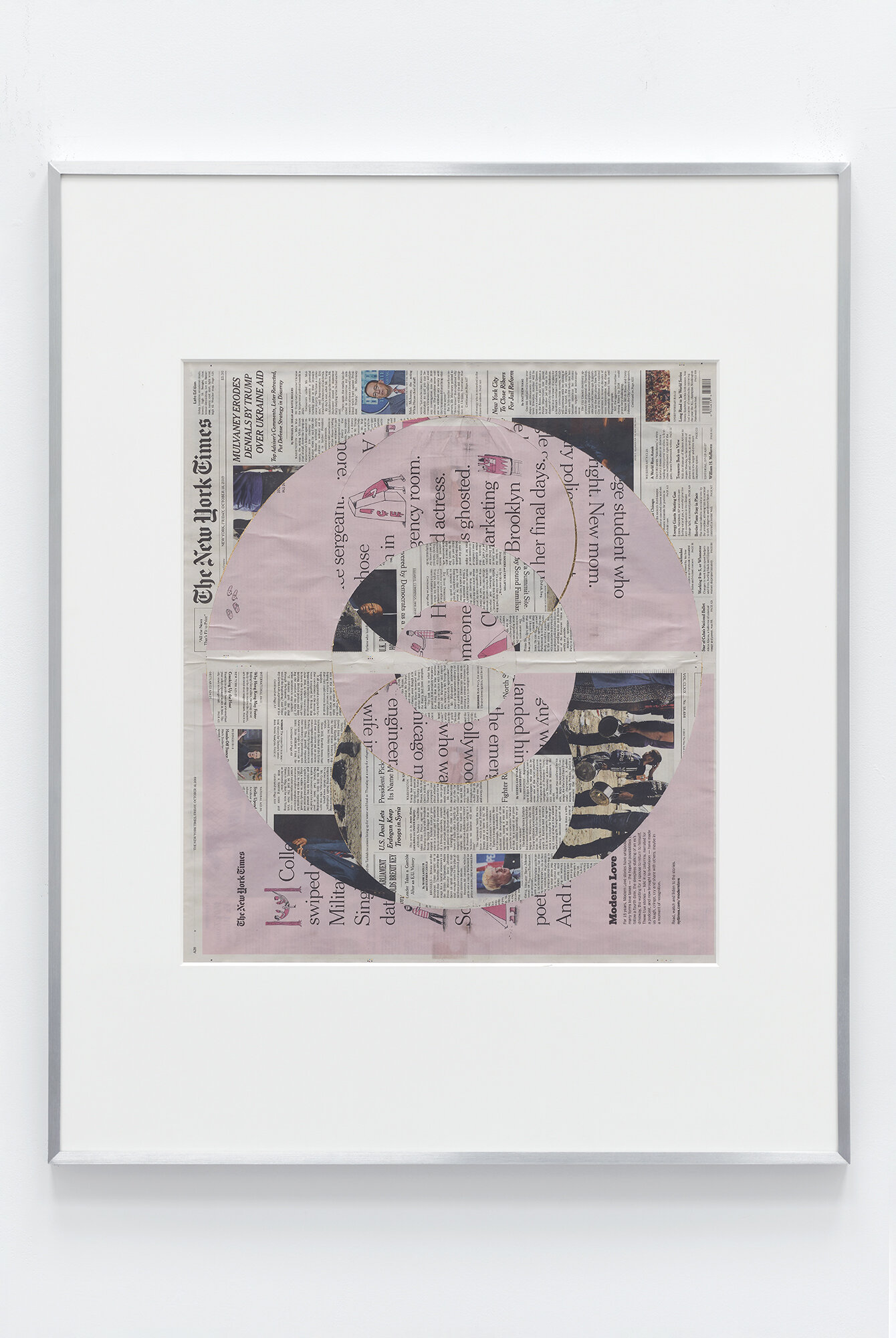   Blind Collage (Three 180º Rotations, The New York Times, Friday, October 18, 2019)    2019   Newspaper, tape, and 22 karat gold leaf  39 1/8 x 31 1/4 inches   Blind Collages, 2017–  