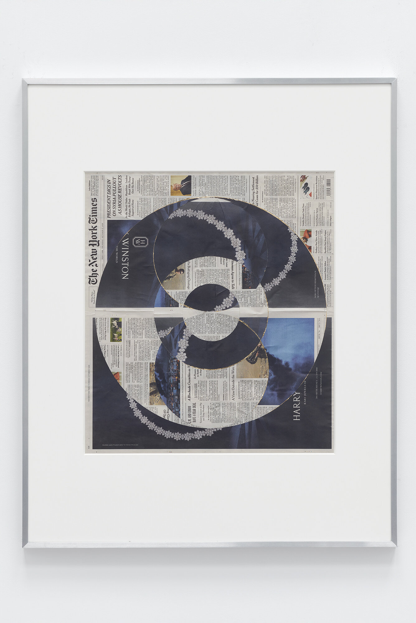   Blind Collage (Three 180º Rotations, The New York Times, Thursday, October 17, 2019)    2019   Newspaper, tape, and 22 karat gold leaf  39 1/8 x 31 1/4 inches   Blind Collages, 2017–  