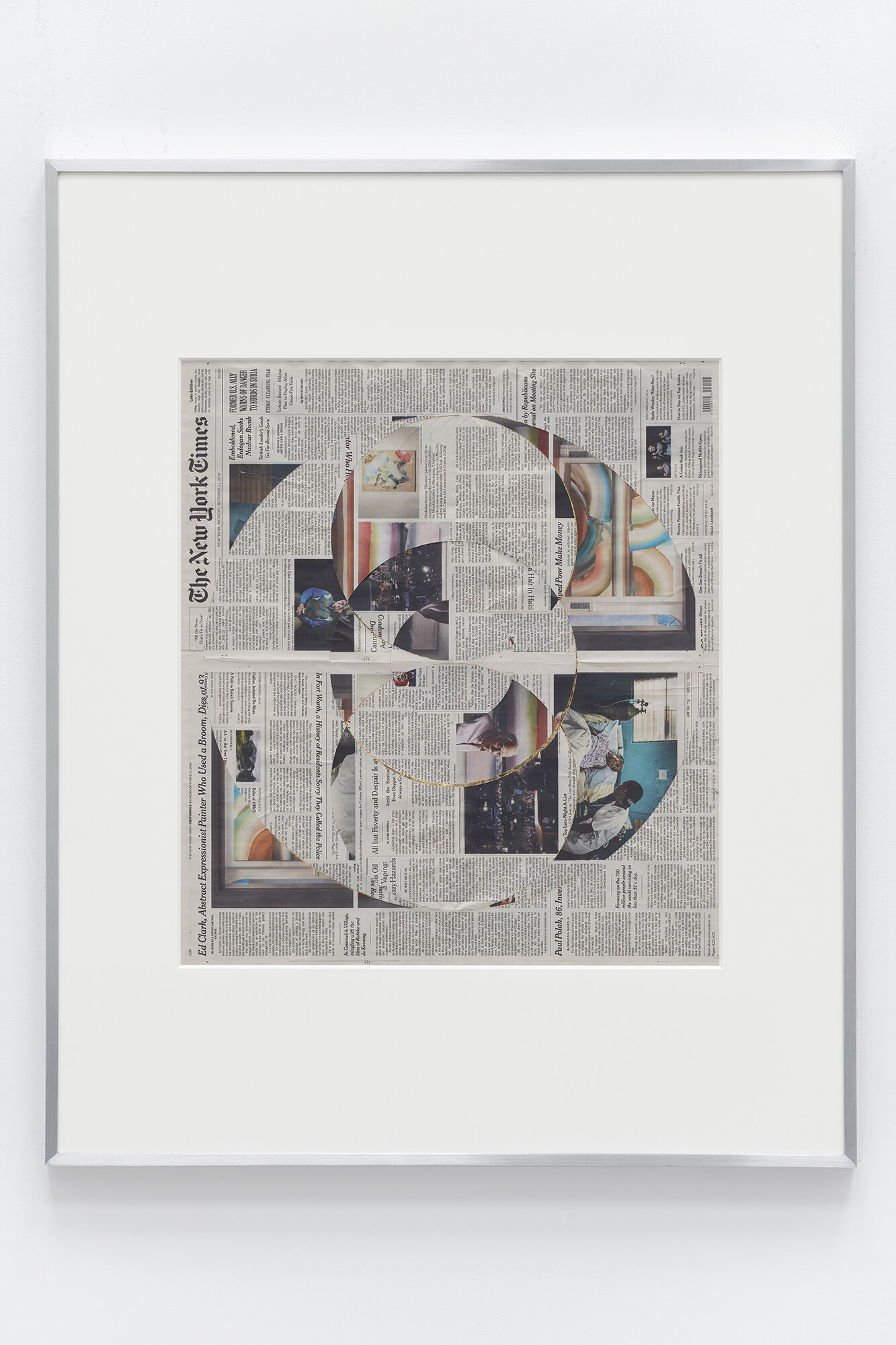   Blind Collage (Three 180º Rotations, The New York Times, Monday, October 21, 2019)    2019   Newspaper, tape, and 22 karat gold leaf  39 1/8 x 31 1/4 inches   Blind Collages, 2017–  