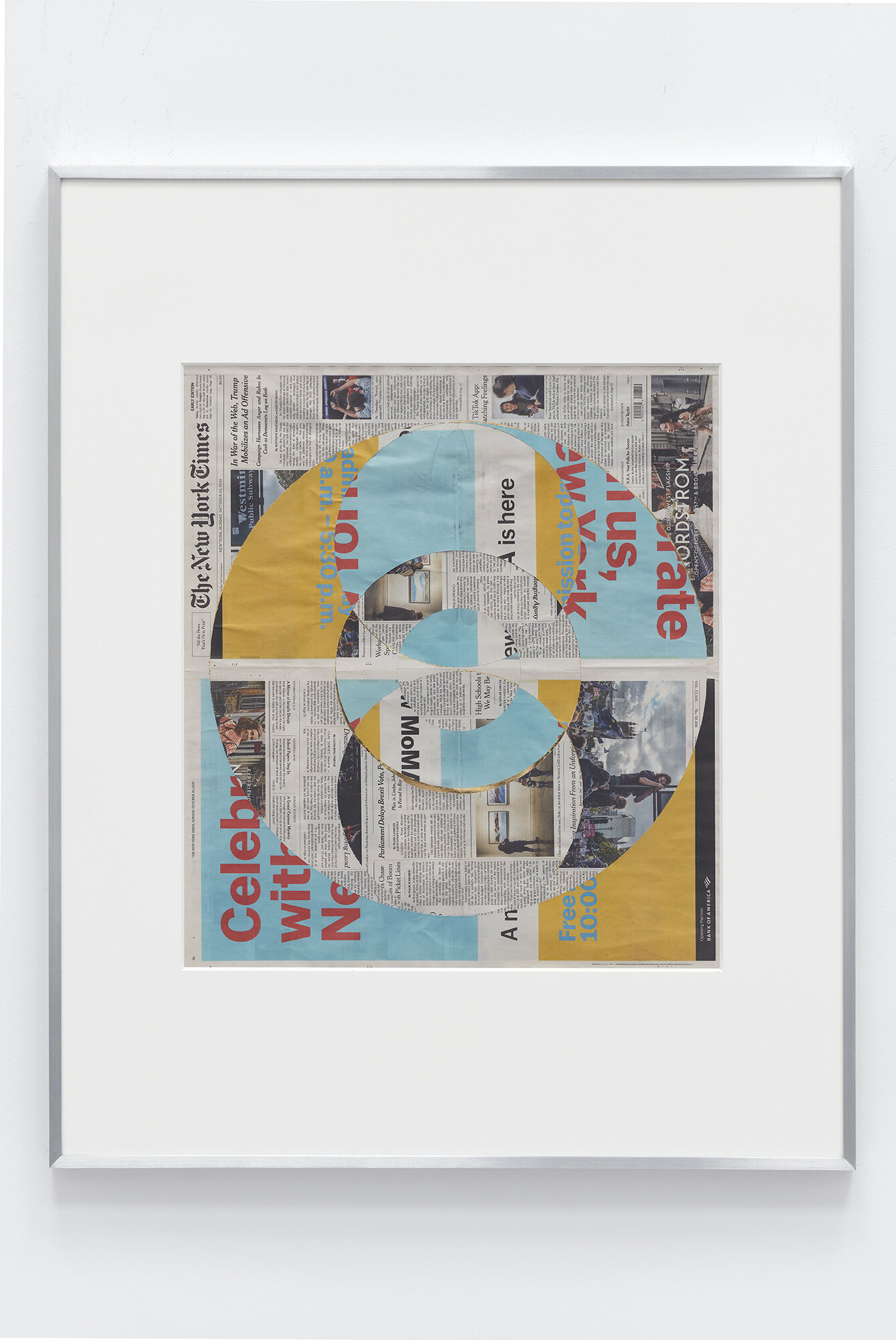   Blind Collage (Three 180º Rotations, The New York Times, Sunday, October 20, 2019)    2019   Newspaper, tape, and 22 karat gold leaf  39 1/8 x 31 1/4 inches  Exhibition:  Abstract of a Partial Disassembling of an Invention without a Future … , 2019