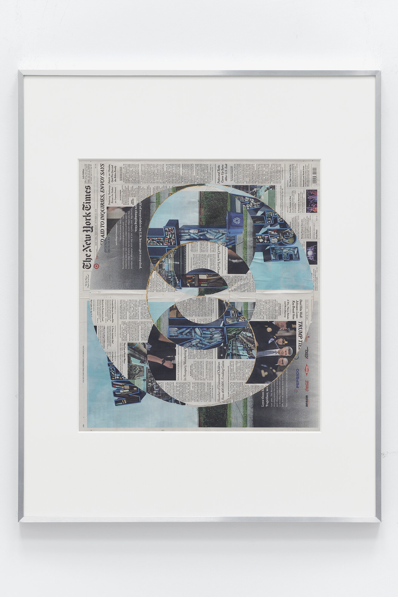   Blind Collage (Three 180º Rotations, The New York Times, Wednesday, October 23, 2019)    2019   Newspaper, tape, and 22 karat gold leaf  39 1/8 x 31 1/4 inches  Exhibition:  Abstract of a Partial Disassembling of an Invention without a Future … , 2