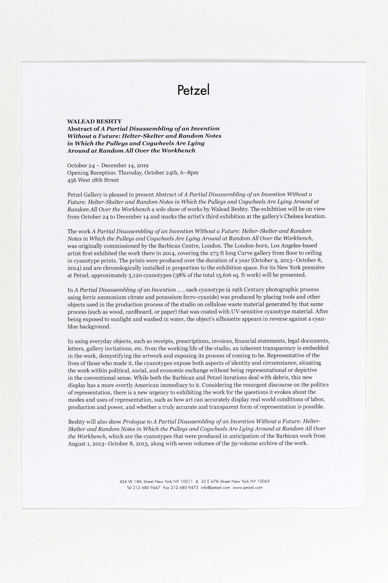   Abstract of  A Partial Disassembling of an Invention Without a Future: Helter-Skelter and Random Notes in Which the Pulleys and Cogwheels Are Lying Around at Random All Over the Workbench   press release  Petzel Gallery, New York  2019 