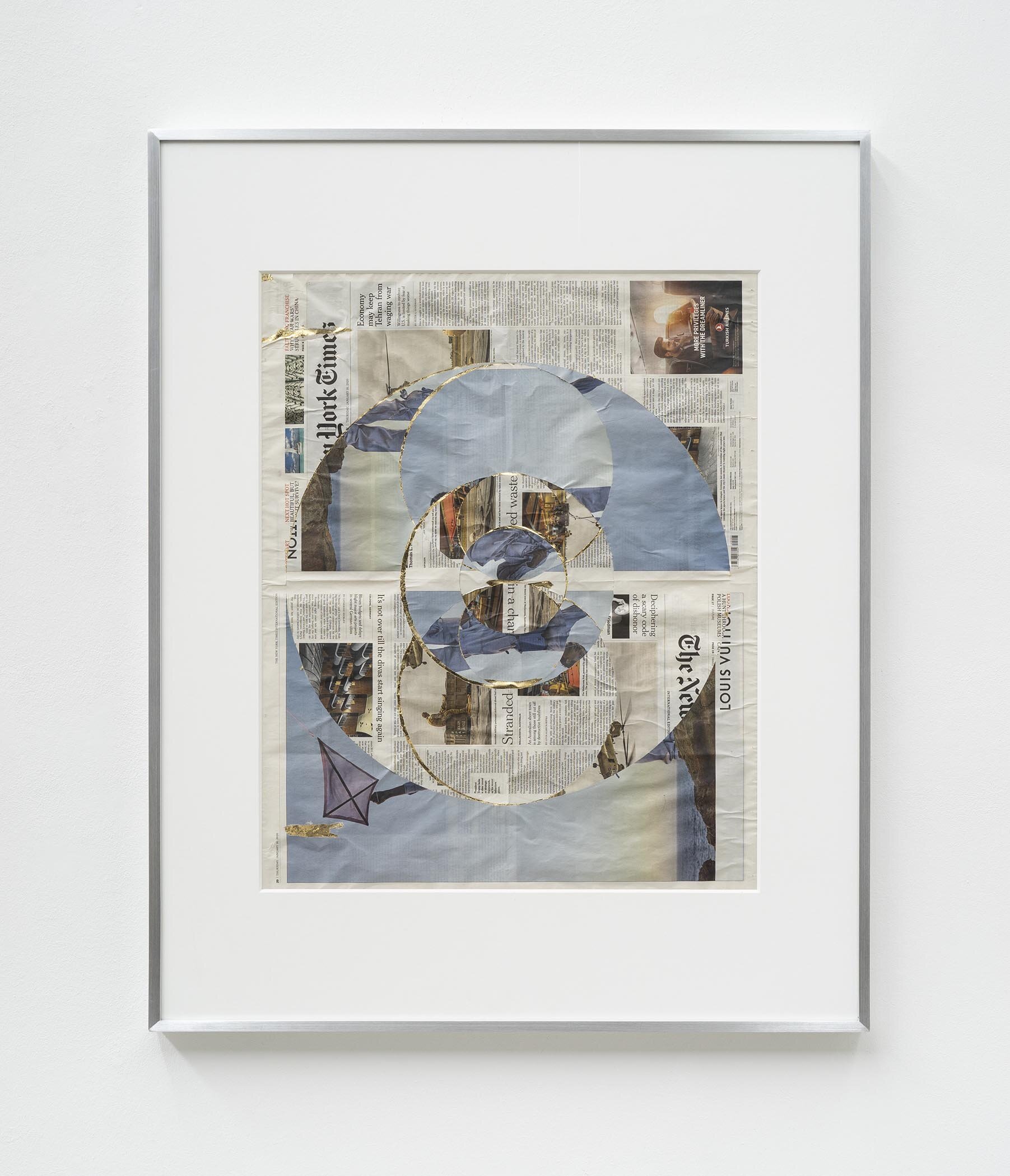   Blind Collage (Three 180º Rotations, The New York Times, January 16, 2020)    2020   Newspaper, tape, and 22 karat gold leaf  39 1/8 x 31 1/4 inches  Exhibition:  Standard Deviations, 2020  
