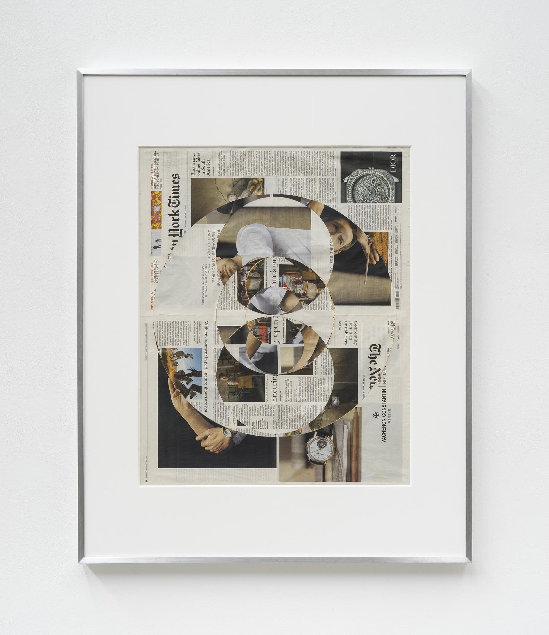   Blind Collage (Three 180º Rotations, The New York Times, January 21, 2020)   2020  Newspaper, tape, and 22 karat gold leaf  39 1/8 x 31 1/4 inches   Blind Collages, 2017–   Exhibition:  Standard Deviations, 2020  