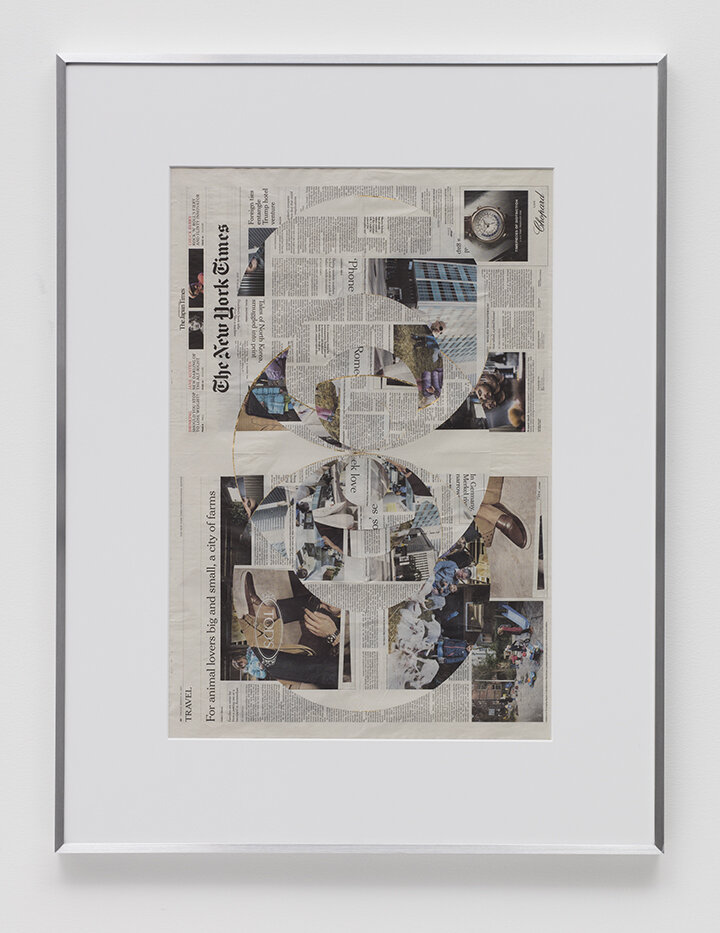   Blind Collage (Four 180º Rotations, The New York Times International Edition, Distributed with The Japan Times, Friday, March 24, 2017)    2017   Newspaper, tape, and 22 karat gold leaf  43 5/8 x 33 1/8 inches  Exhibition:  Transparencies, 2017   E