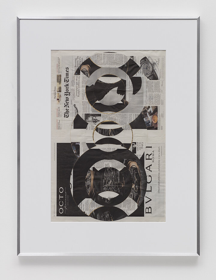   Blind Collage (Three 180º Rotations, The New York Times International Edition, Distributed with The Japan Times, Thursday, March 23, 2017)    2017   Newspaper, tape, and 22 karat gold leaf  43 5/8 x 33 1/8 inches  Exhibition:  Transparencies, 2017 