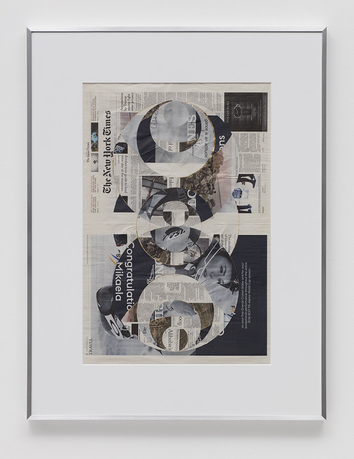   Blind Collage (Four 180º Rotations, The New York Times International Edition, Distributed with The Japan Times, Tuesday, March 21, 2017)    2017   Newspaper, tape, and 22 karat gold leaf  43 5/8 x 33 1/8 inches  Exhibition:  Transparencies, 2017   