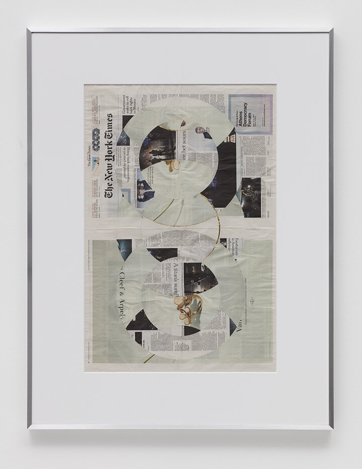   Blind Collage (Two 180º Rotations, The New York Times International Edition, Distributed with The Japan Times, Wednesday, March 22, 2017)    2017   Newspaper, tape, and 22 karat gold leaf  43 5/8 x 33 1/8 inches  Exhibition:  Transparencies, 2017  