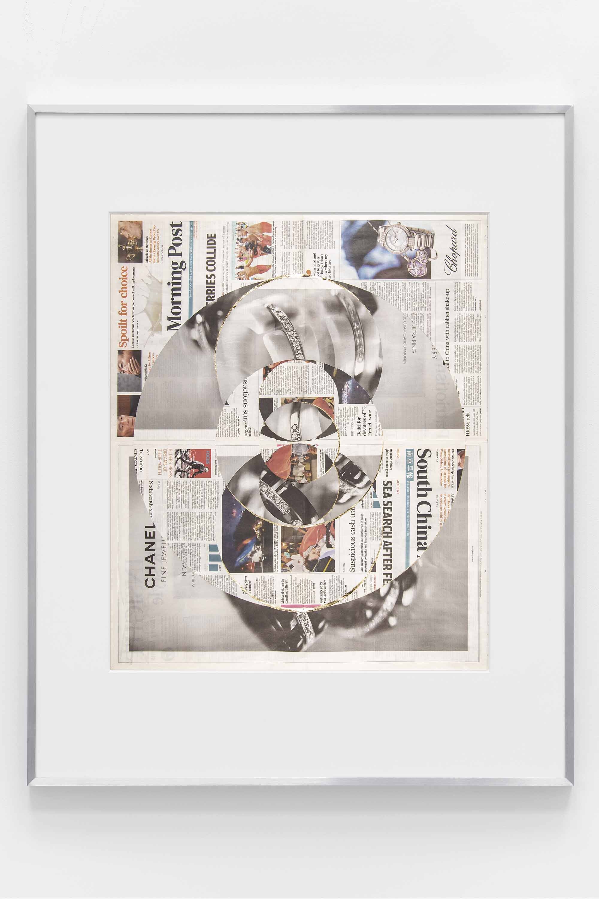   Blind Collage (Seven 180º Rotations, South China Morning Post: Tai Po, Hong Kong, Tuesday, October 2, 2012)    2021   Newspaper, tape, and 22 karat gold leaf  39 1/8 x 31 1/4 inches   Blind Collages, 2017–  