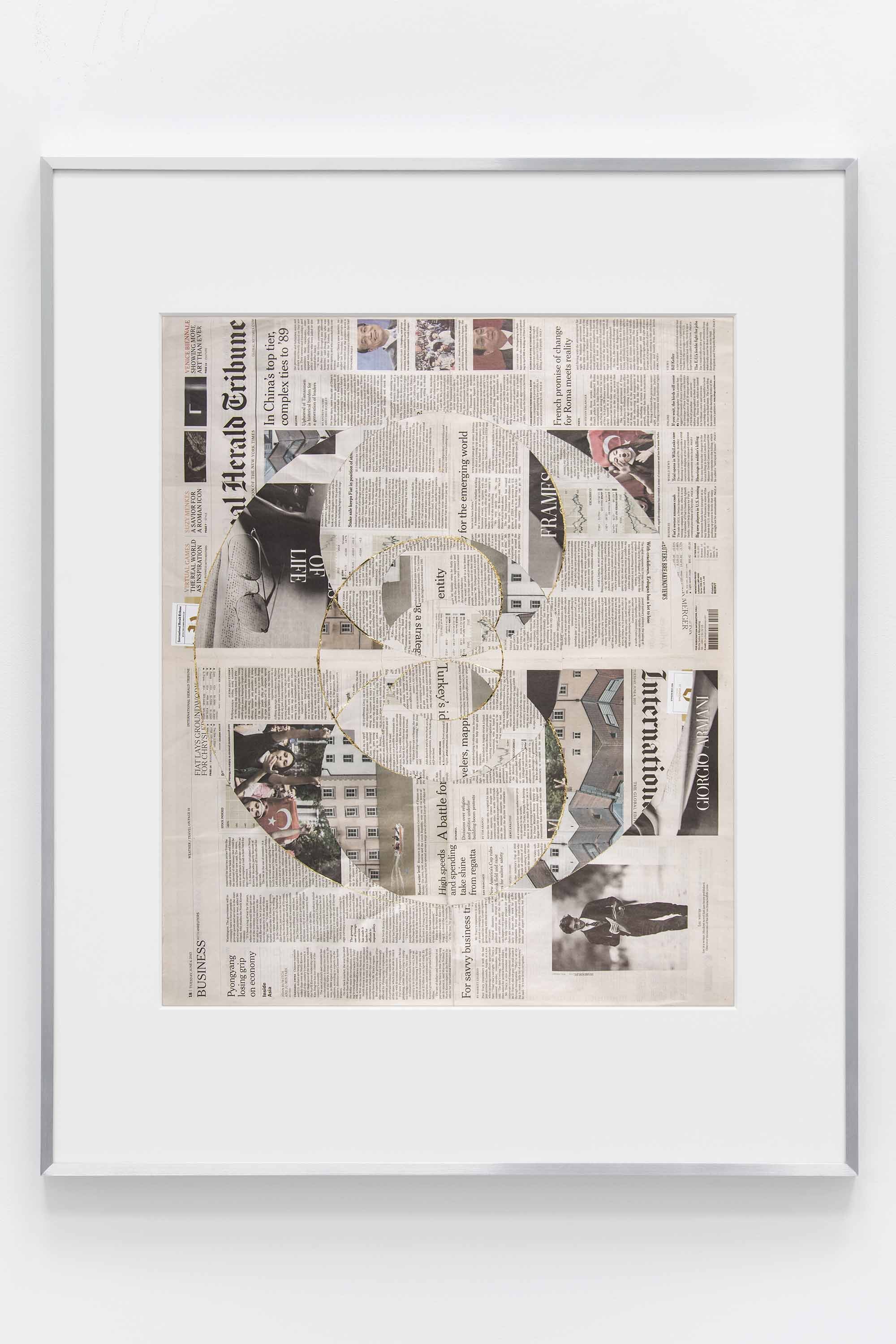   Blind Collage (Seven 180º Rotations, International Herald Tribune: Beirut, Lebanon, Tuesday, June 4, 2013)    2021   Newspaper, tape, and 22 karat gold leaf  39 1/8 x 31 1/4 inches   Blind Collages, 2017–  