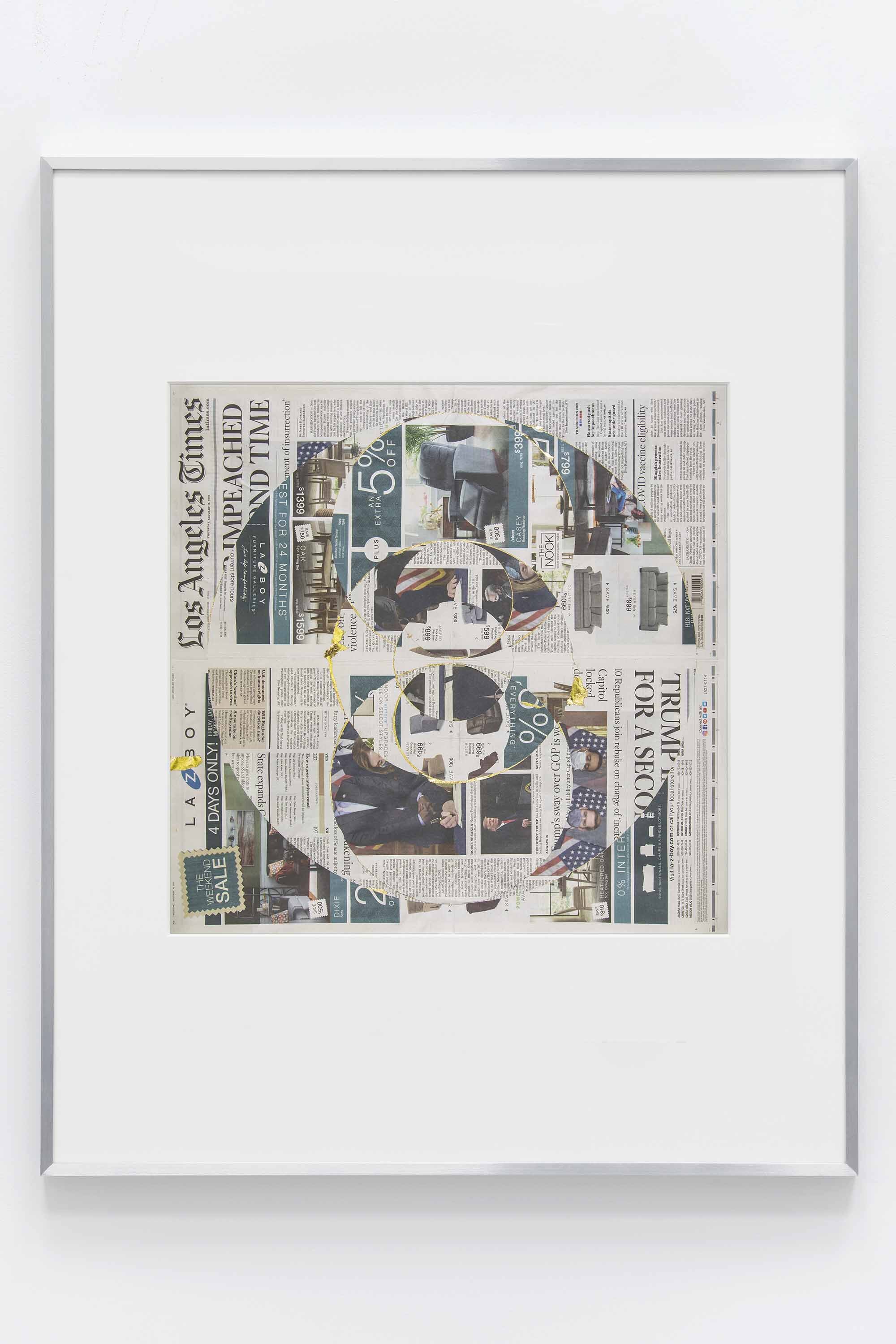  Blind Collage (Seven 180º Rotations, Los Angeles Times: Los Angeles, California, Thursday, January 14, 2021)    2021   Newspaper, tape, and 22 karat gold leaf  39 1/8 x 31 1/4 inches   Blind Collages, 2017–  