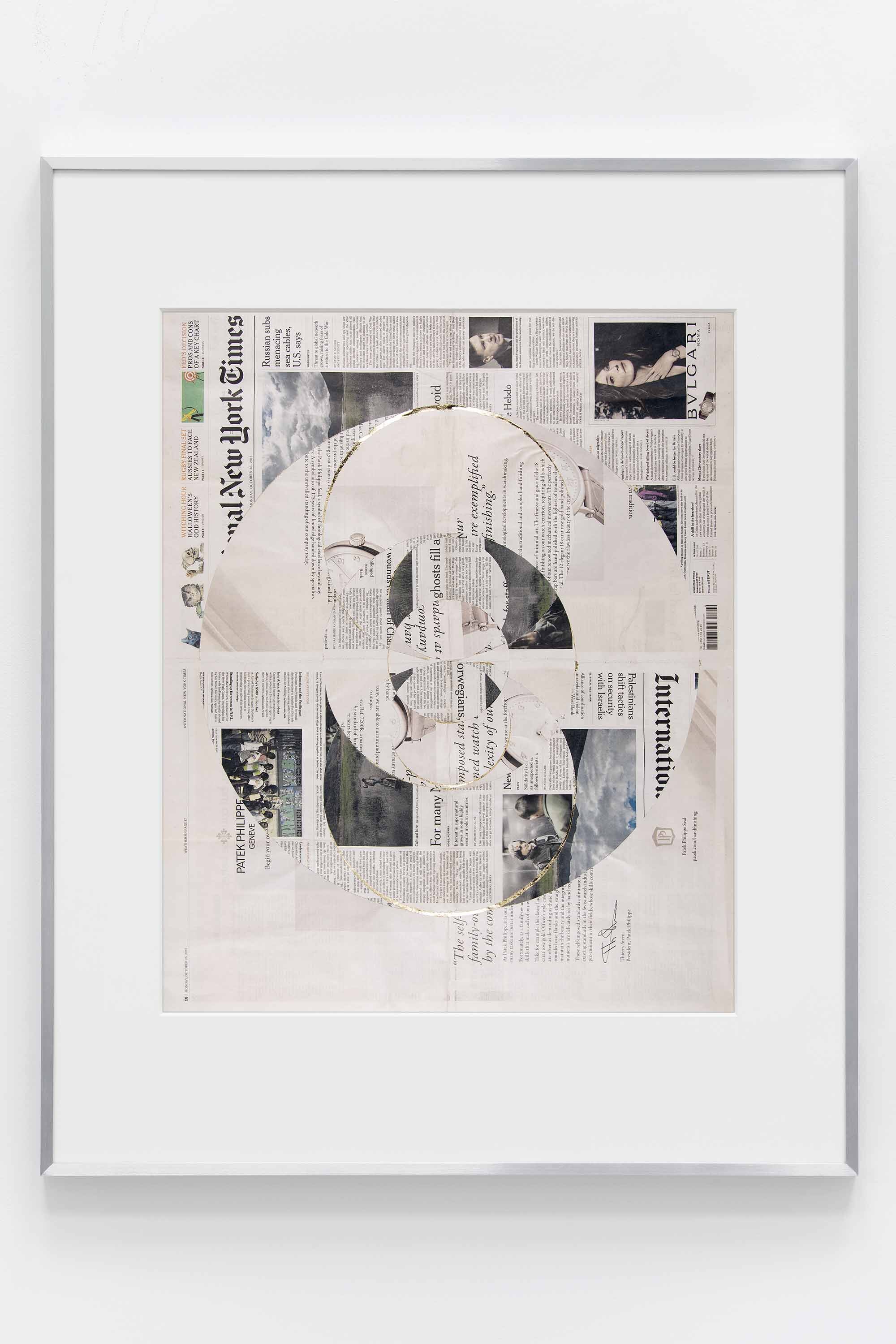   Blind Collage (Seven 180º Rotations, International New York Times: Beirut, Lebanon, Monday, October 26, 2015)    2021   Newspaper, tape, and 22 karat gold leaf  39 1/8 x 31 1/4 inches  Exhibition:   Foreign Correspondence, 2021  