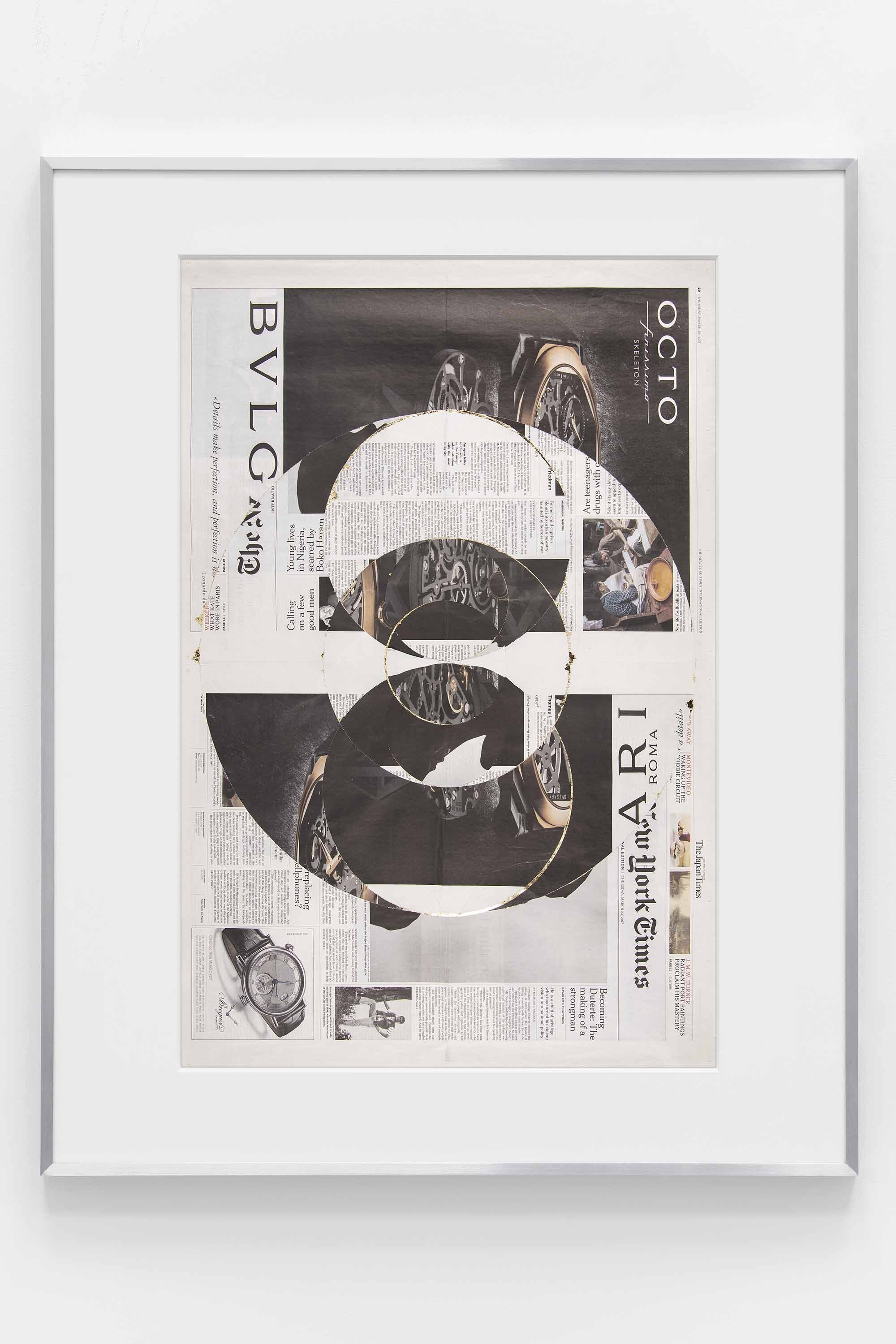   Blind Collage (Seven 180º Rotations, The New York Times International Edition, Distributed with The Japan Times: Tokyo, Japan, Thursday, March 23, 2017)    2021   Newspaper, tape, and 22 karat gold leaf  39 1/8 x 31 1/4 inches  Exhibition:   Foreig