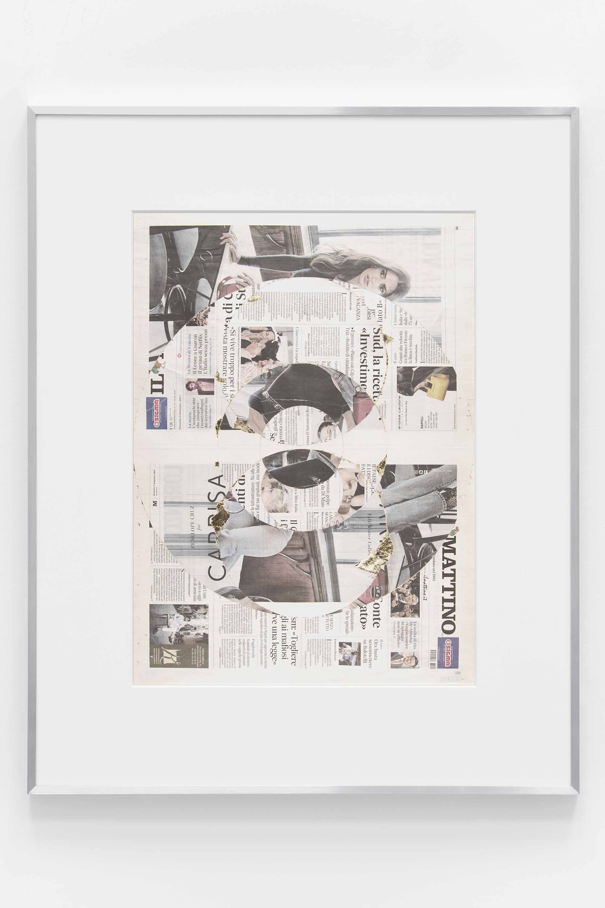   Blind Collage (Seven 180º Rotations, Il Mattino: Naples, Italy, Sunday, September 9, 2018)    2021   Newspaper, tape, and 22 karat gold leaf  39 1/8 x 31 1/4 inches  Exhibition:   Foreign Correspondence, 2021  