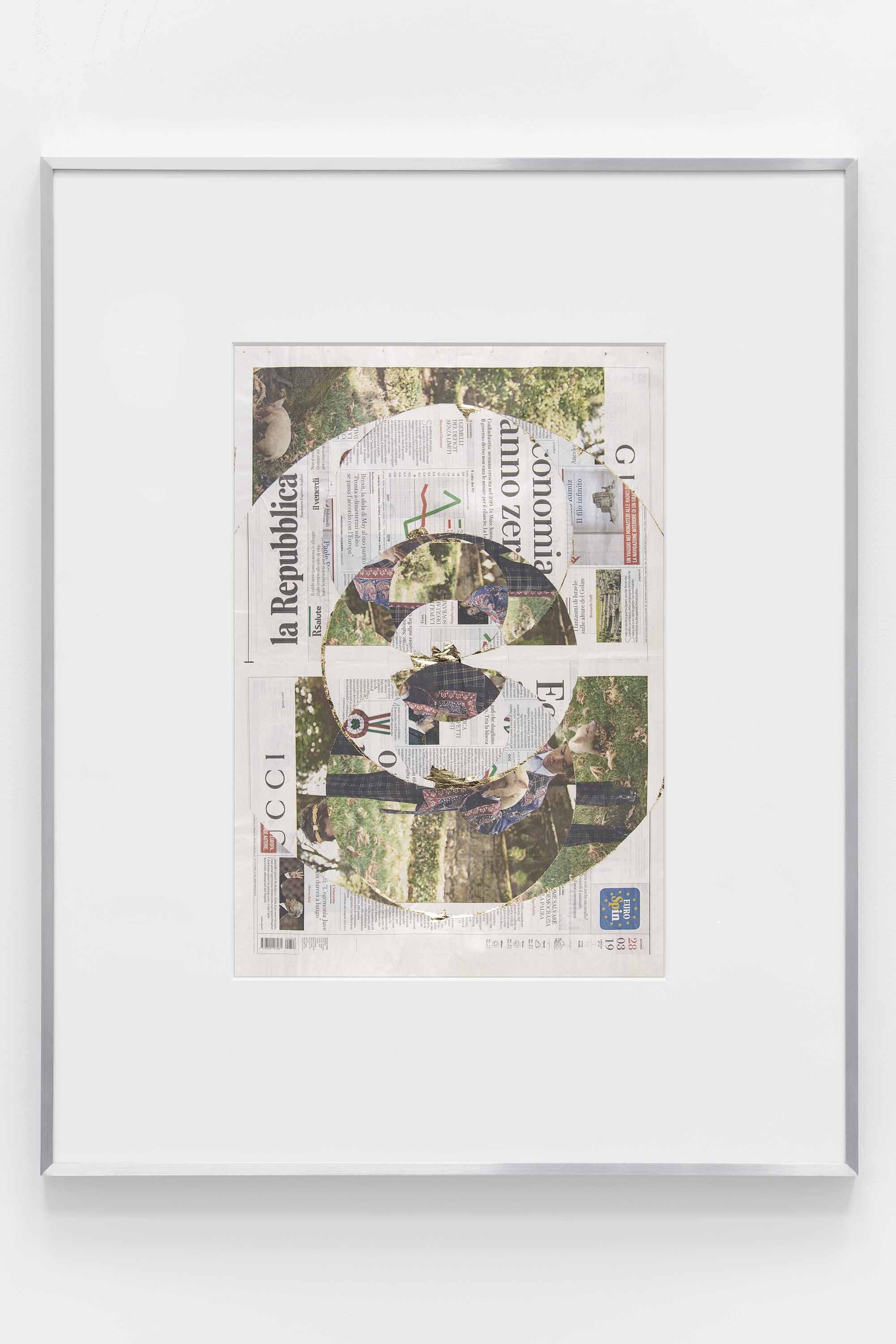   Blind Collage (Seven 180º Rotations, La Repubblica: Naples, Italy, Thursday, March 28, 2019)    2021   Newspaper, tape, and 22 karat gold leaf  39 1/8 x 31 1/4 inches  Exhibition:   Foreign Correspondence, 2021  