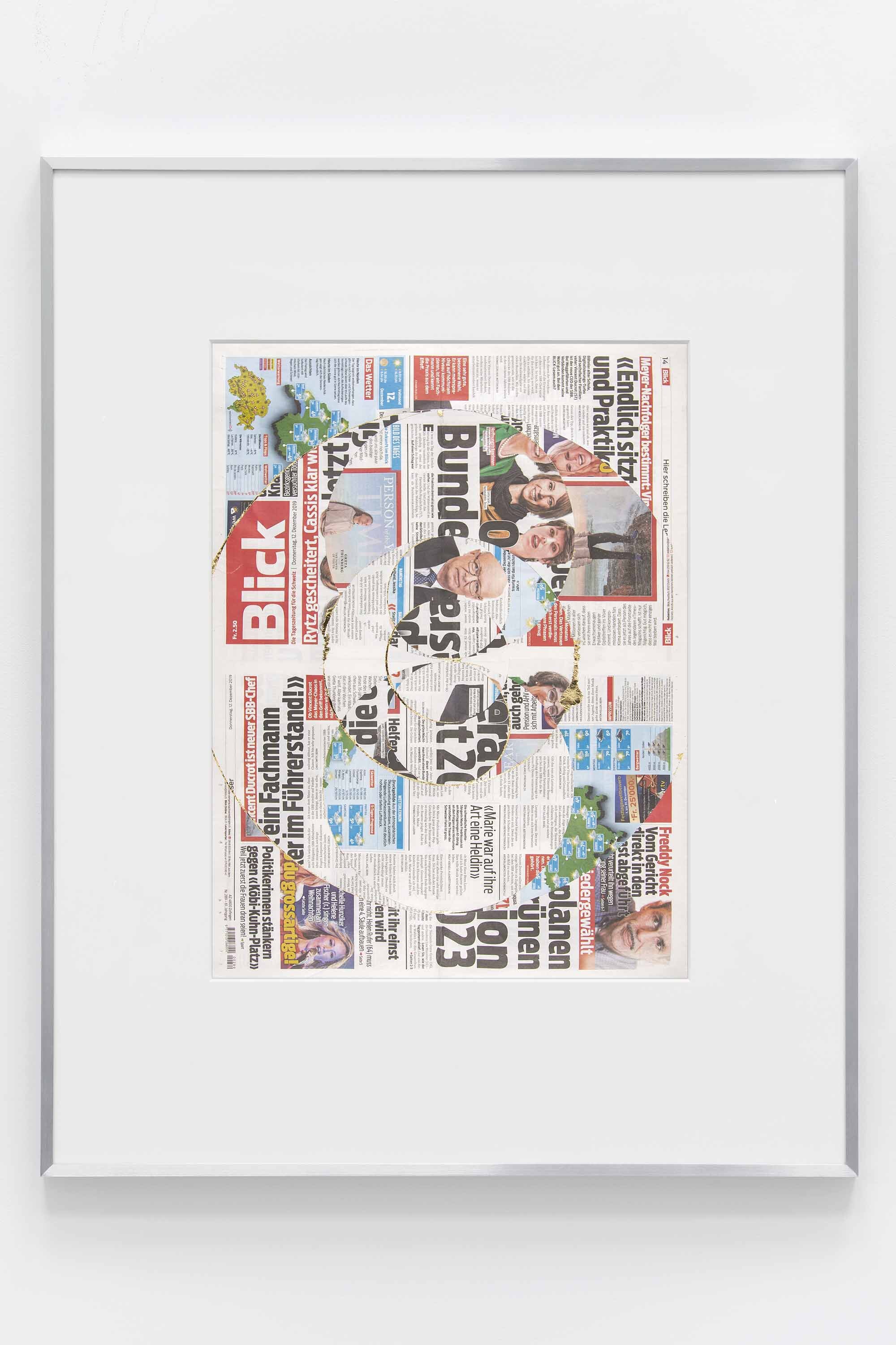   Blind Collage (Seven 180º Rotations, Blick: Zurich, Switzerland, Thursday, December 12, 2019)    2021   Newspaper, tape, and 22 karat gold leaf  39 1/8 x 31 1/4 inches  Exhibition:   Foreign Correspondence, 2021  