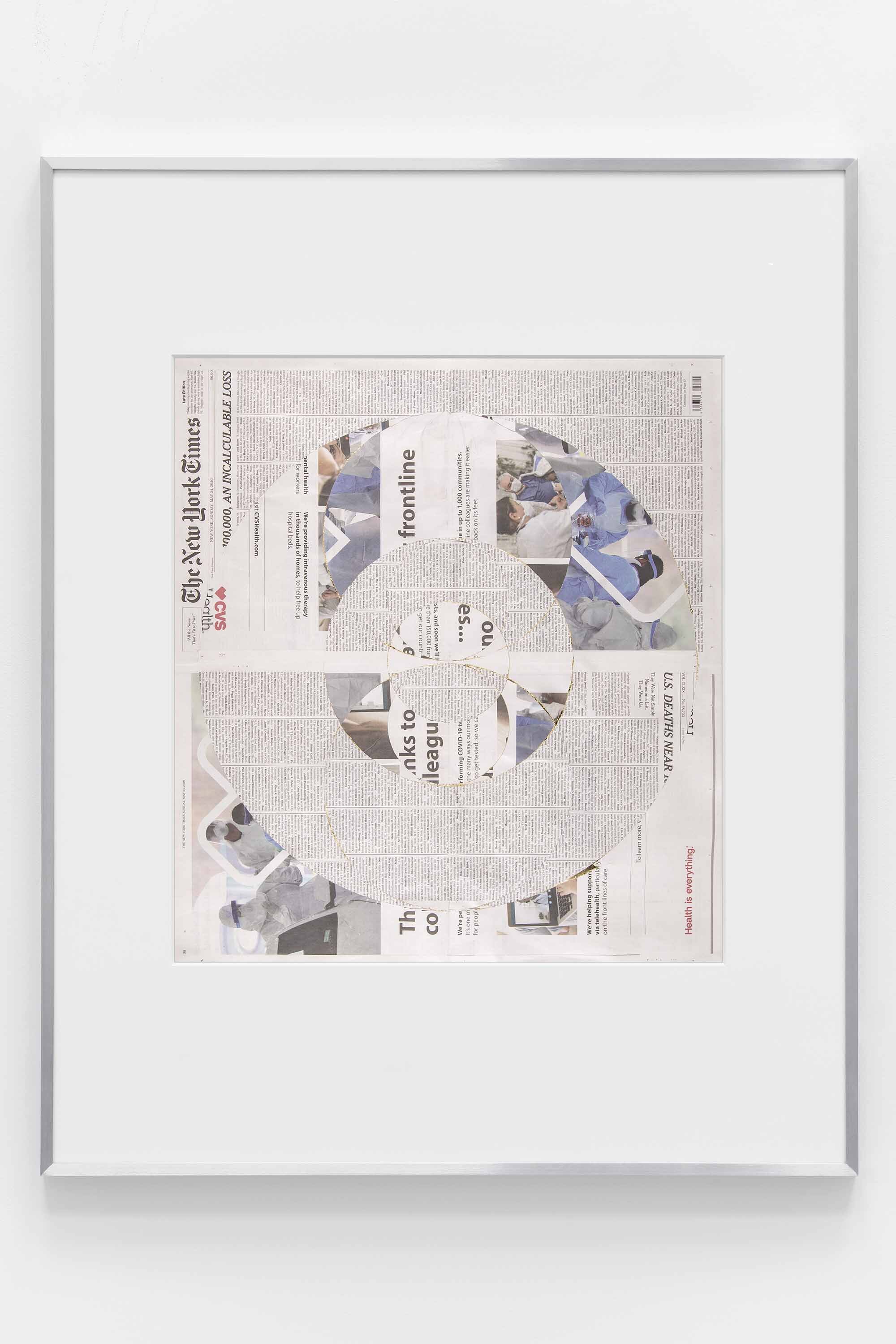   Blind Collage (Seven 180º Rotations, The New York Times: New York City, New York, Sunday, May 24, 2020)    2021   Newspaper, tape, and 22 karat gold leaf  39 1/8 x 31 1/4 inches  Exhibition:   Foreign Correspondence, 2021  