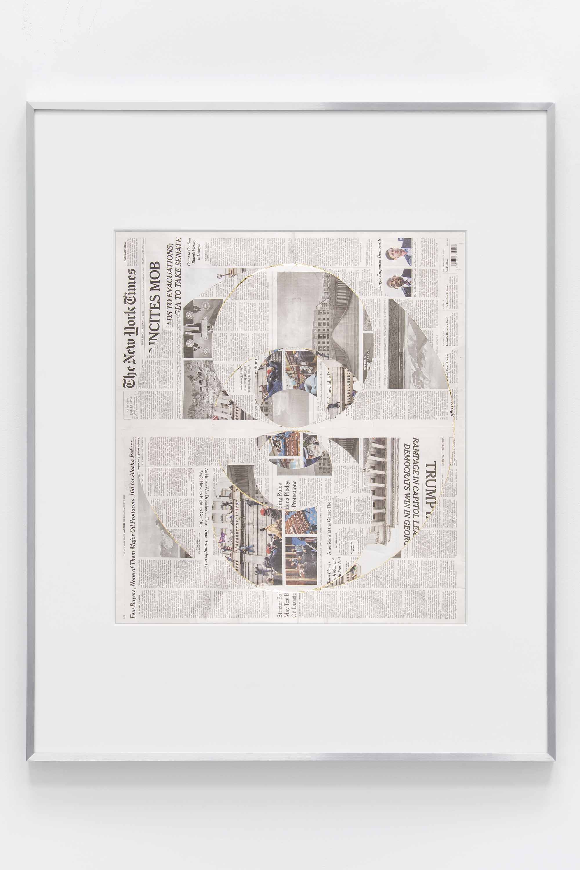   Blind Collage (Seven 180º Rotations, The New York Times: Buffalo, New York, Thursday, January 7, 2021)    2021   Newspaper, tape, and 22 karat gold leaf  39 1/8 x 31 1/4 inches  Exhibition:   Foreign Correspondence, 2021  