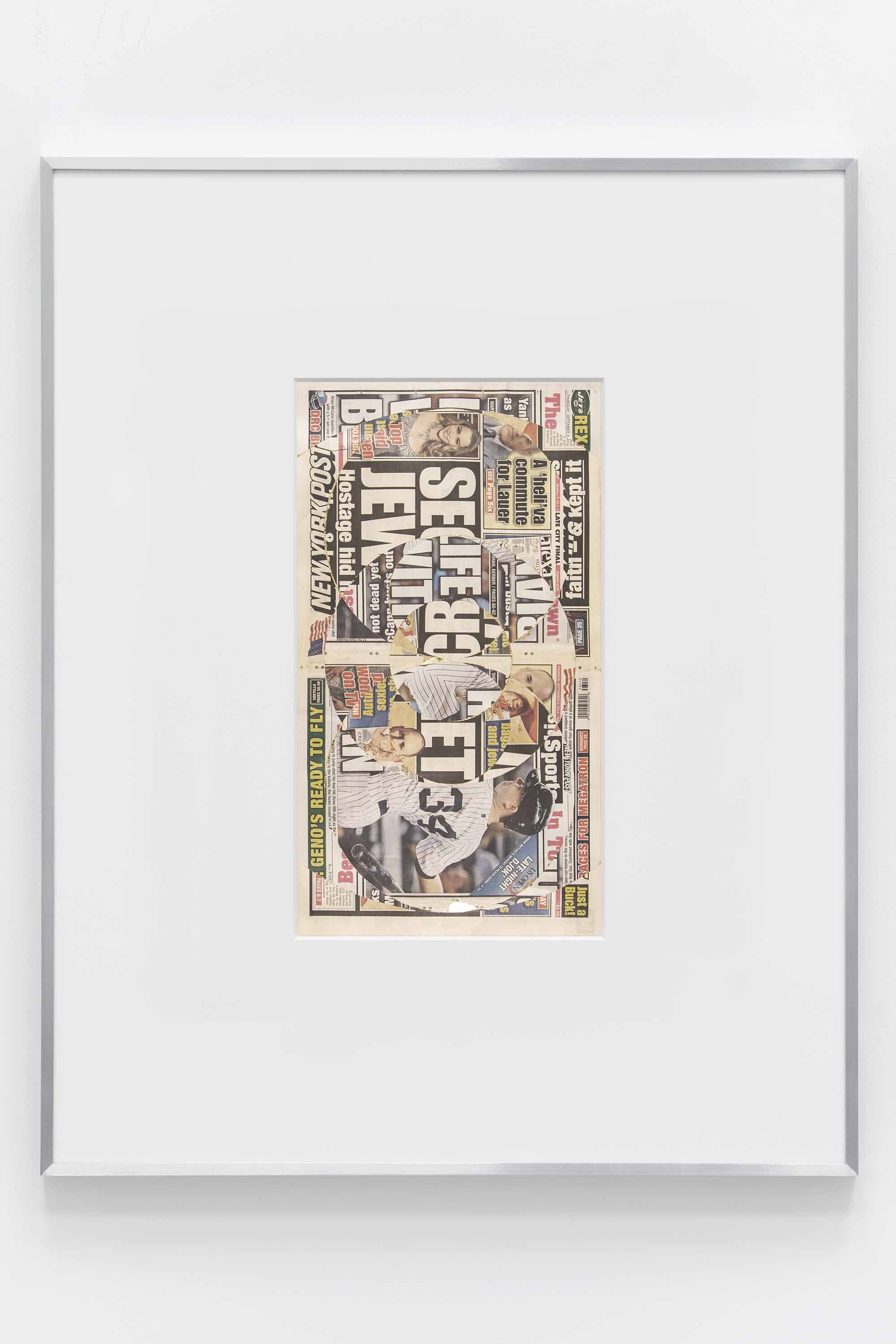   Blind Collage (Seven 180º Rotations, New York Post: New York City, New York, Thursday, September 4, 2014)   2021  Newspaper, tape, and 22 karat gold leaf  39 1/8 x 31 1/4 inches   Blind Collages, 2017–   Exhibition:   Foreign Correspondence, 2021  