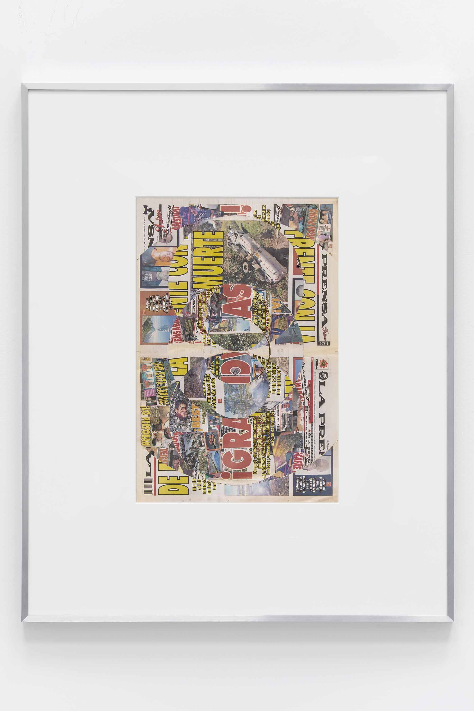   Blind Collage (Seven 180º Rotations, La Prensa Jalisco: Guadalajara, Mexico, Sunday, March 1, 2015)   2021  Newspaper, tape, and 22 karat gold leaf  39 1/8 x 31 1/4 inches   Blind Collages, 2017–   Exhibition:   Foreign Correspondence, 2021  
