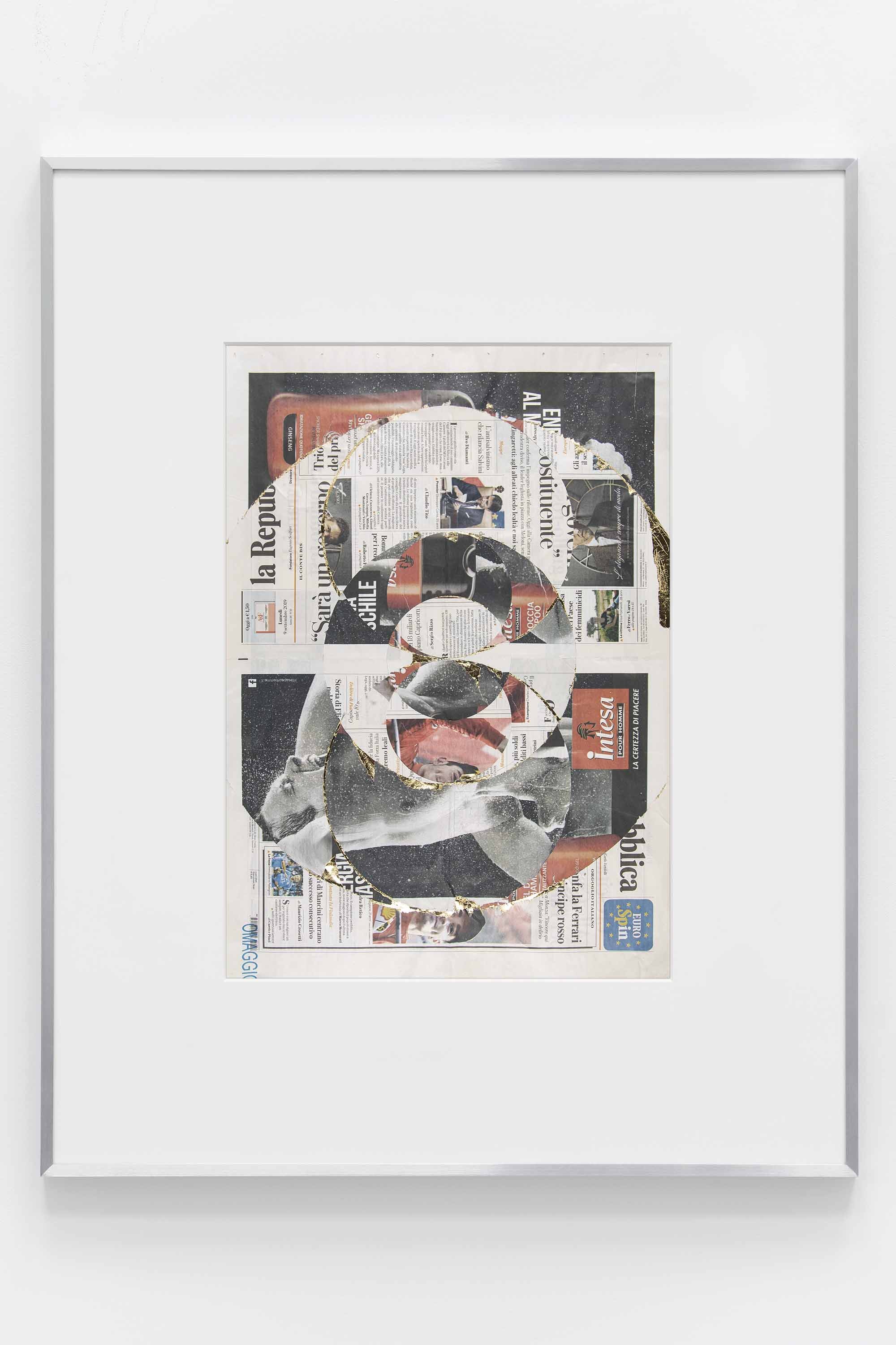   Blind Collage (Seven 180º Rotations, La Repubblica: Naples, Italy, Monday, September 9, 2019)   2021  Newspaper, tape, and 22 karat gold leaf  39 1/8 x 31 1/4 inches   Blind Collages, 2017–   Exhibition:   Foreign Correspondence, 2021  