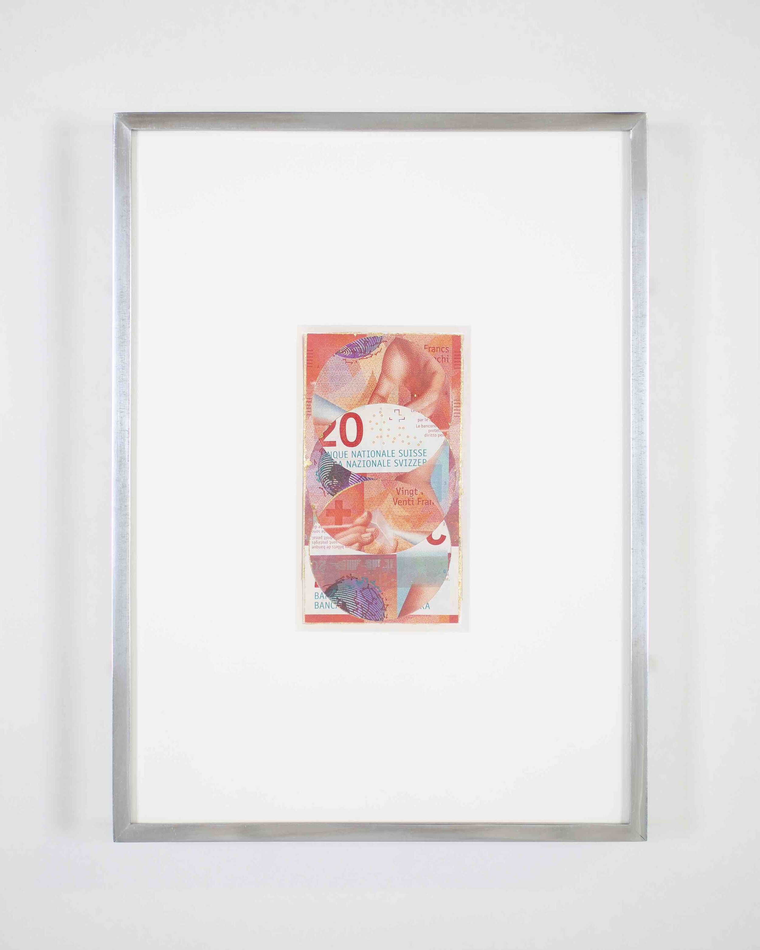  Blind Collage (Three 180º Rotations, Swiss National Bank Twenty-Franc Note: Series 2017, Issued by Banque Nationale Suisse, Printed in Zürich, Switzerland by Orell Füssli Security Printing Ltd., Designed by Manuela Pfrunder GMBH, Serial No. 15G6430