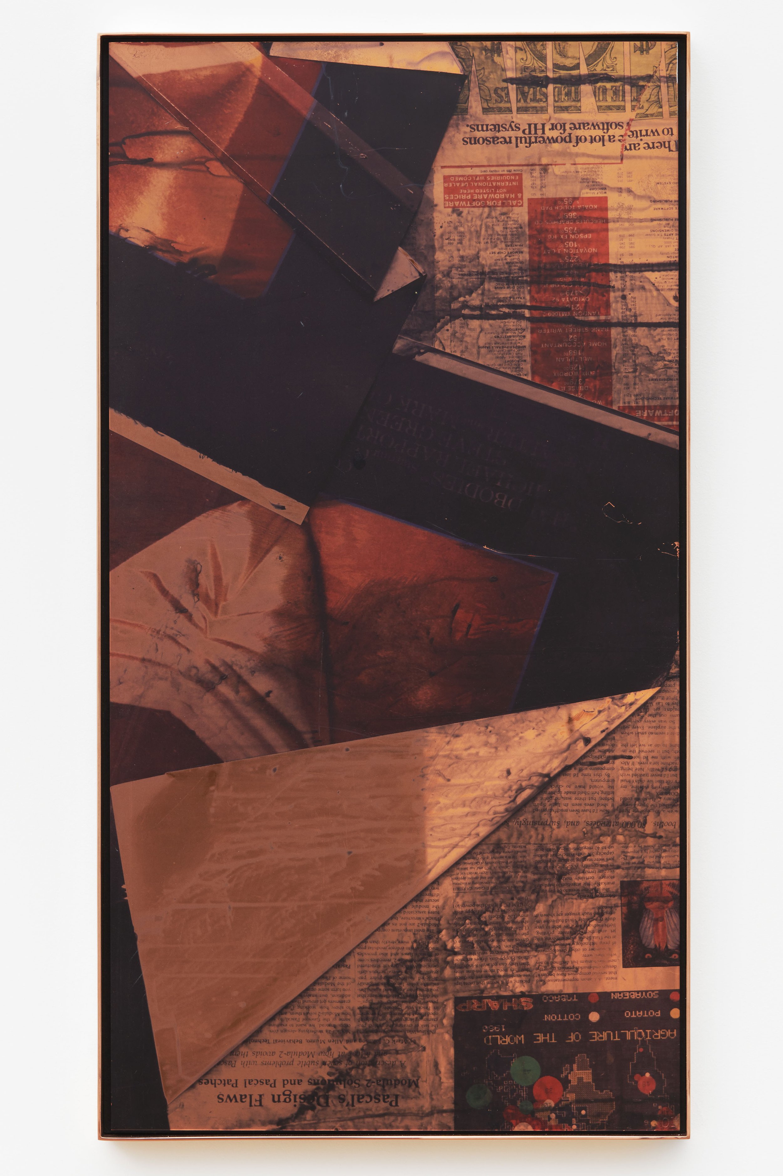   Screen Test B (Walead Beshty/Kelley Walker, Hardbody Software [February 26/May 14, 2014, Los Angeles, California], 48 ounce C11000 Copper Alloy)    2022   Inkjet print on polished copper  31 x 16 1/2 inches (78.7 x 41.9 cm)  Exhibition:  Addendum, 