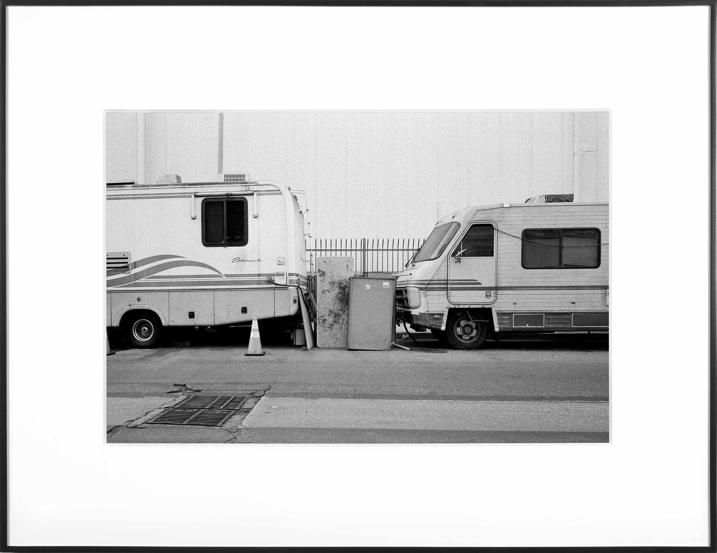  (Temporary) Homes for America: 3300 block to 4400 block, Union Pacific Avenue, between South Grande Vista Avenue and South Marianna Avenue, Los Angeles/Commerce, California, December 2020    2021   black and white fiber print  9 1/2 x 13 inches (24