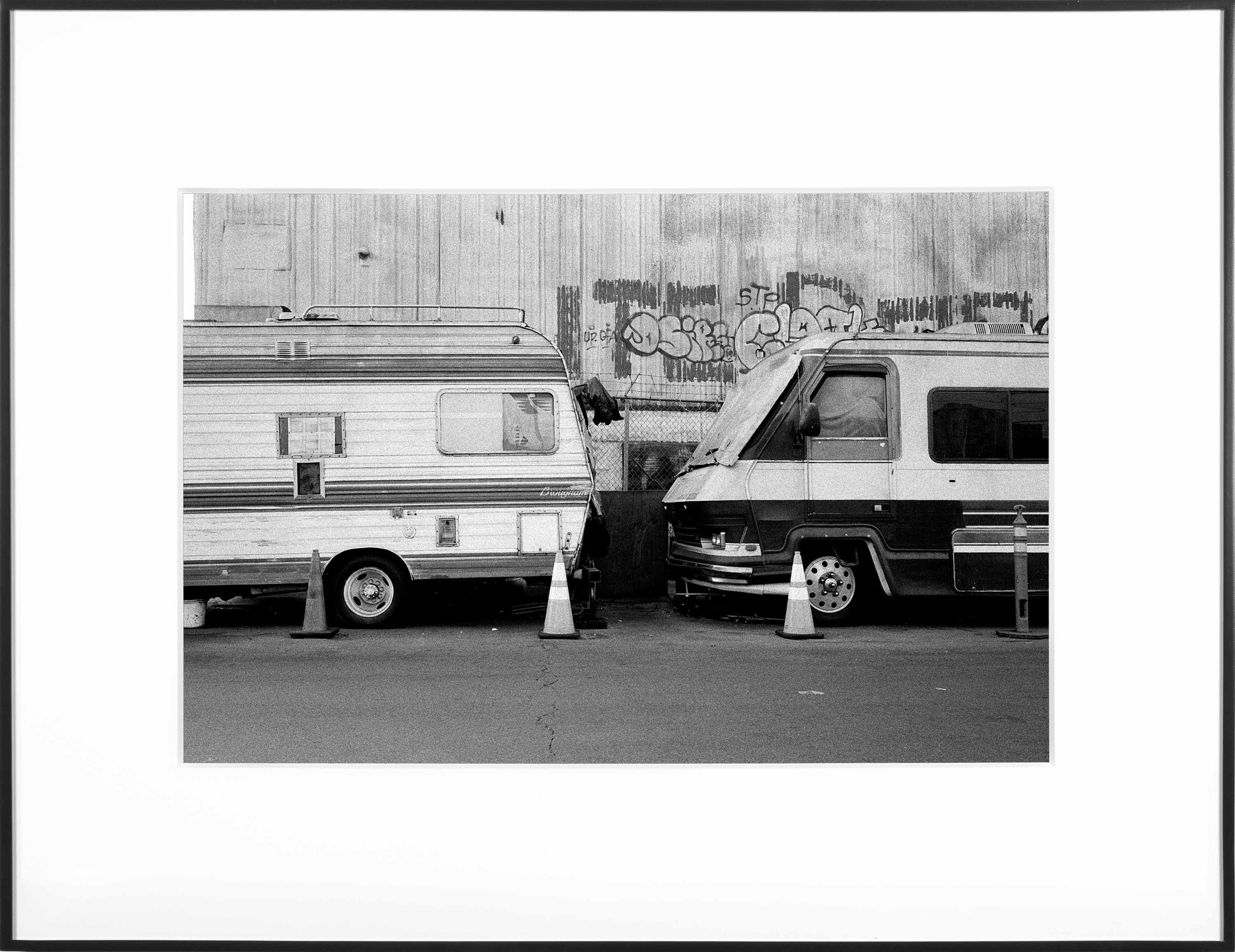   (Temporary) Homes for America: 3300 block to 4400 block, Union Pacific Avenue, between South Grande Vista Avenue and South Marianna Avenue, Los Angeles/Commerce, California, December 2020    2021   black and white fiber print  9 1/2 x 13 inches (24