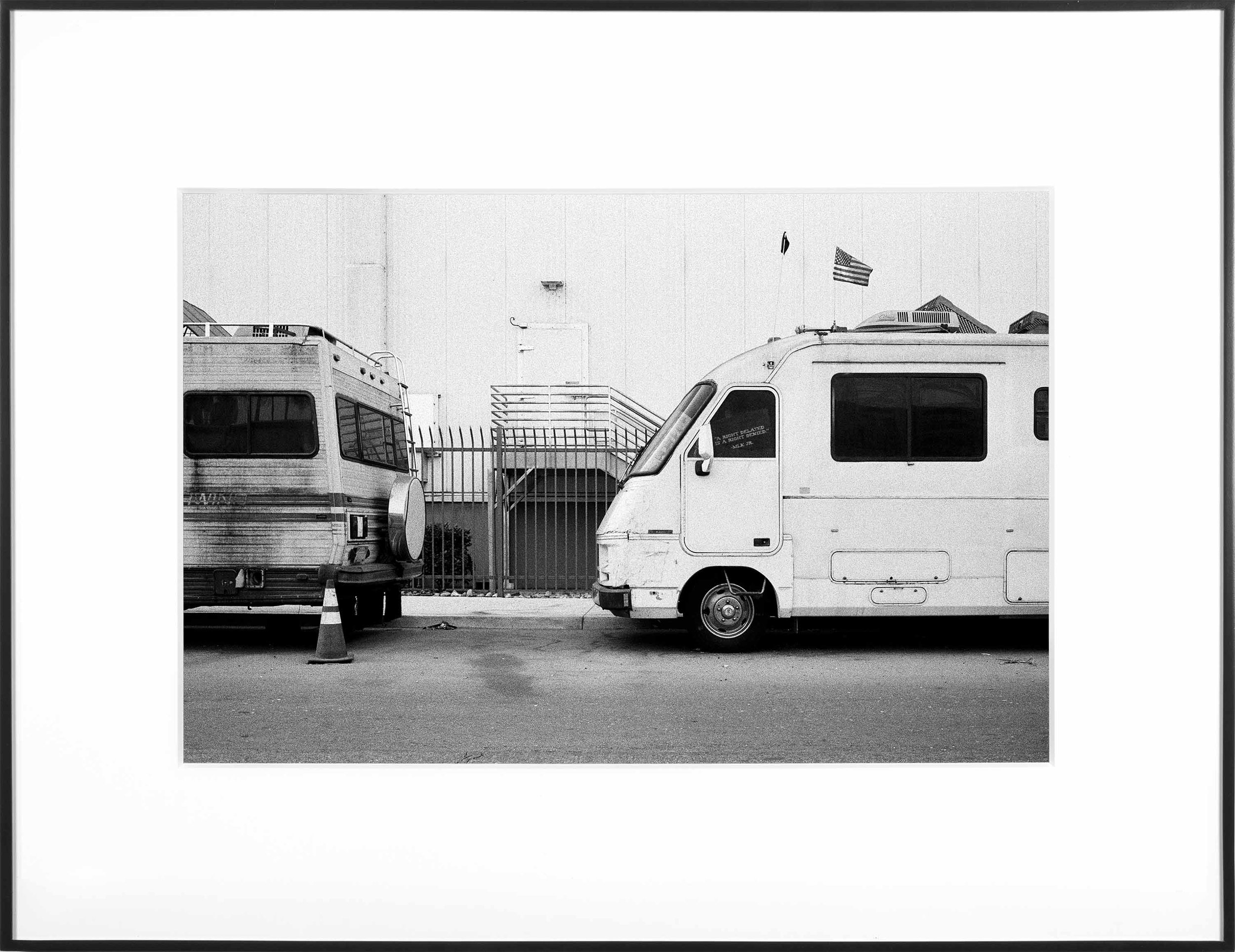   (Temporary) Homes for America: 3300 block to 4400 block, Union Pacific Avenue, between South Grande Vista Avenue and South Marianna Avenue, Los Angeles/Commerce, California, December 2020    2021   black and white fiber print  9 1/2 x 13 inches (24