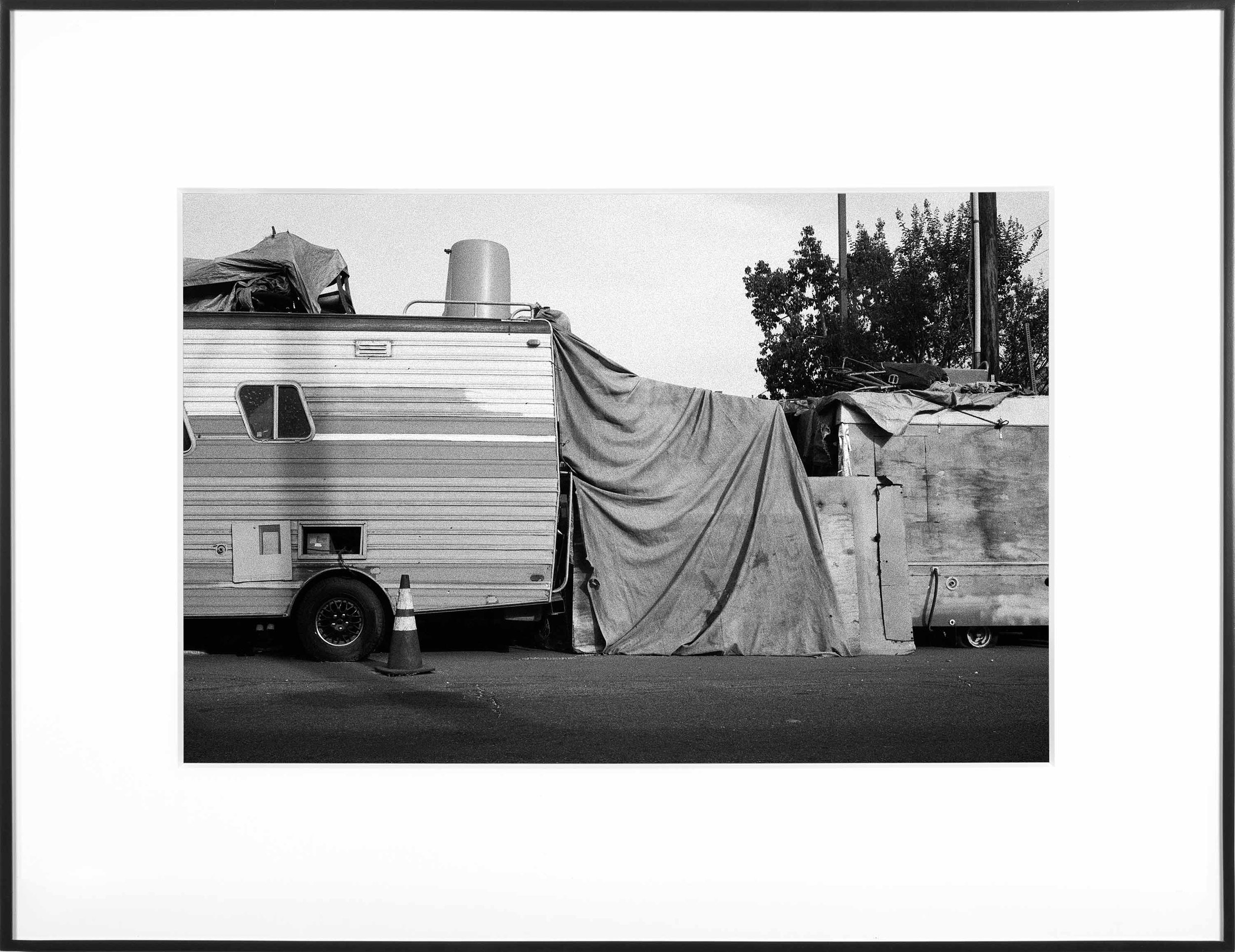   (Temporary) Homes for America: 3300 block to 4400 block, Union Pacific Avenue, between South Grande Vista Avenue and South Marianna Avenue, Los Angeles/Commerce, California, December 2020    2021   black and white fiber print  9 1/2 x 13 inches (24