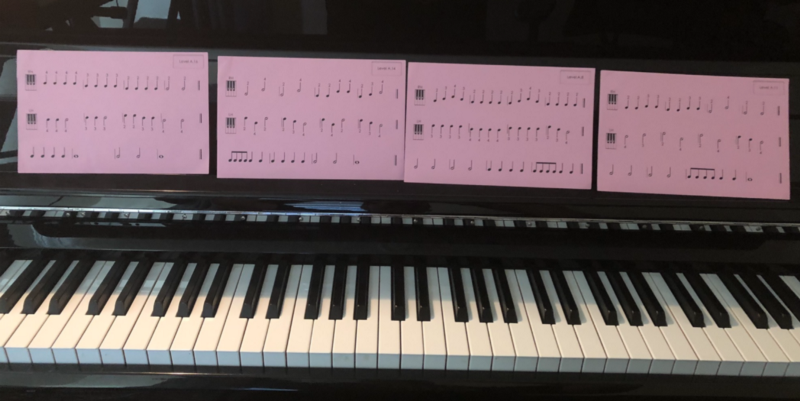 A game I like to play is lining up all the cards on the piano or on a table, and singing or playing lines in a row. We call it the “Caterpillar Game.” Kids love making long caterpillars!