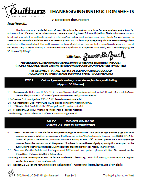 Thanksgiving Quilt Pattern Instructions