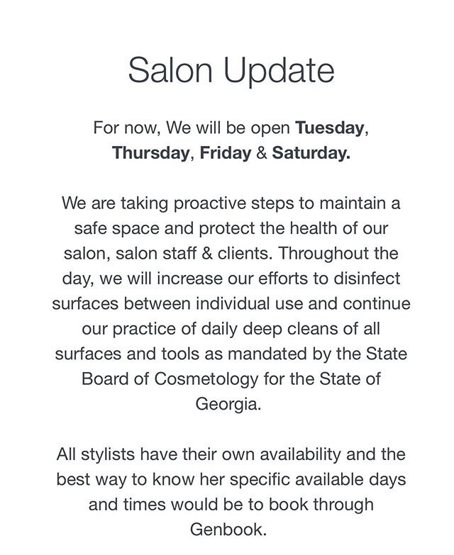 We are extremely excited to be able to service all of our amazing clients. These are the new policies for being serviced at ANS HAIR STUDIO until further notice. Your health, as well as the health of our salon staff is extremely important and we will