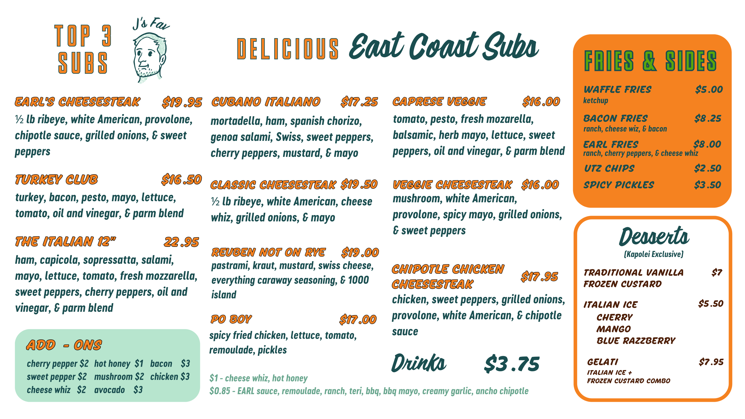 EARL Hawaii sandwich shop menu with subs, fries, sides, and desserts