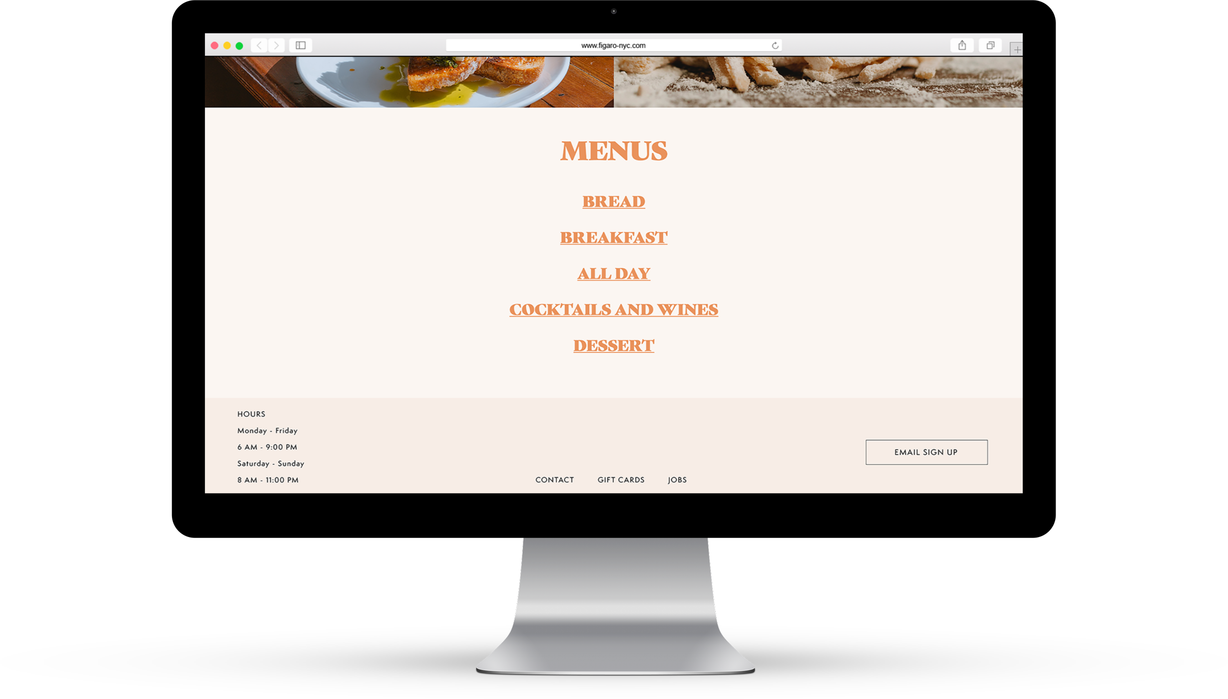 Menu screen for website