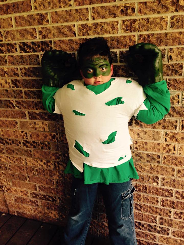 Owen dressed up as Holt's favorite superhero - the Hulk!