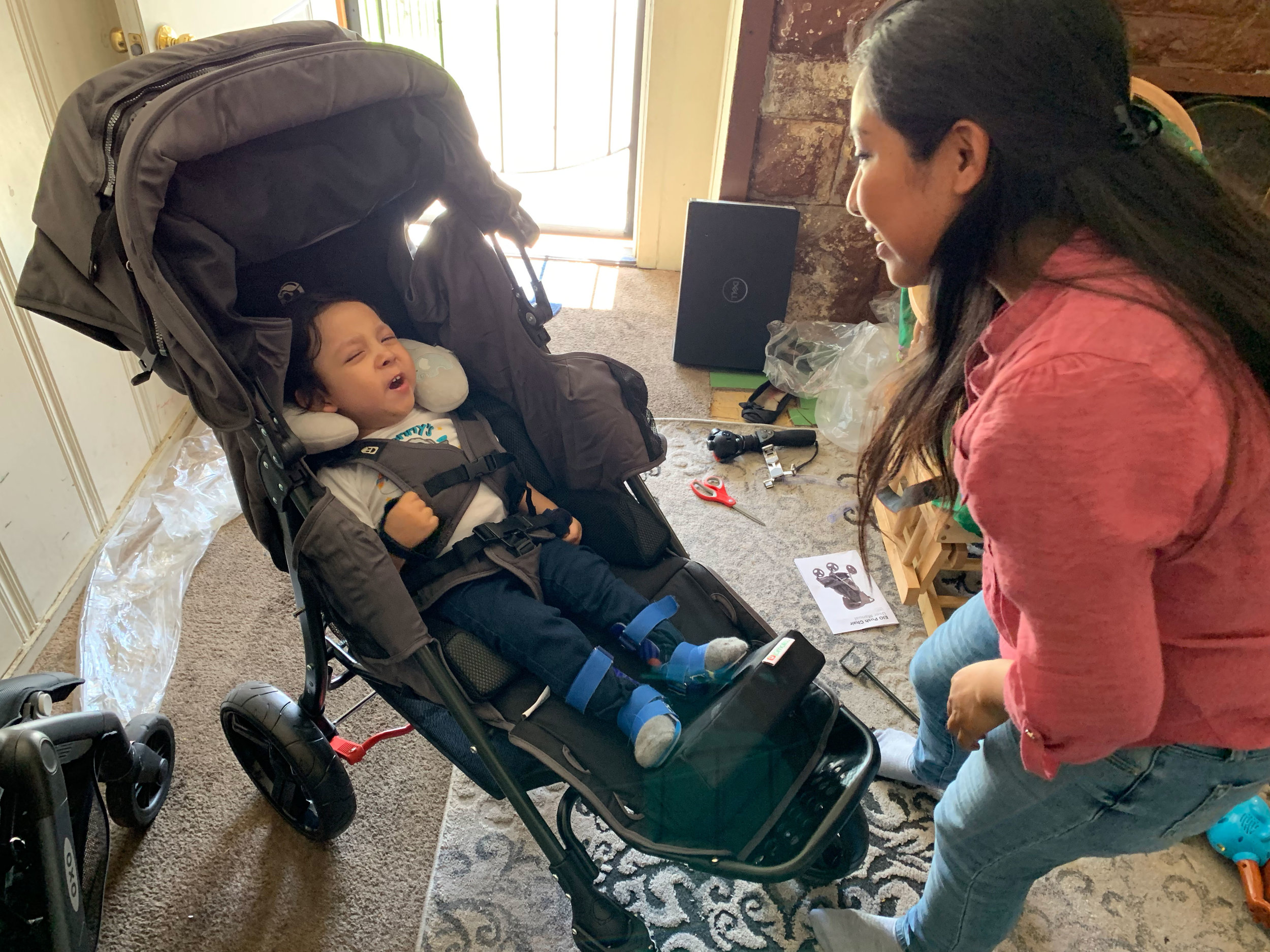 Matthew gets comfy in his brand new special needs stroller from Holton’s Heroes.