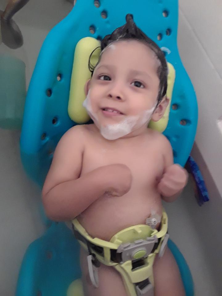 Matthew is looking clean in his new bath chair from Holton’s Heroes.